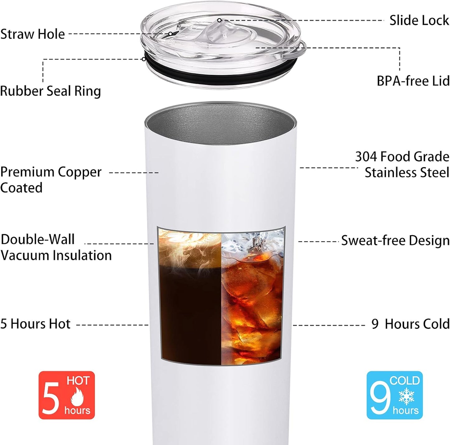 Gingprous 6/8 Pack Skinny Travel Tumblers, Stainless Steel Tumblers with Lid and Straw, 20 oz Double Wall Vacuum Insulated Slim Water Tumbler Cup