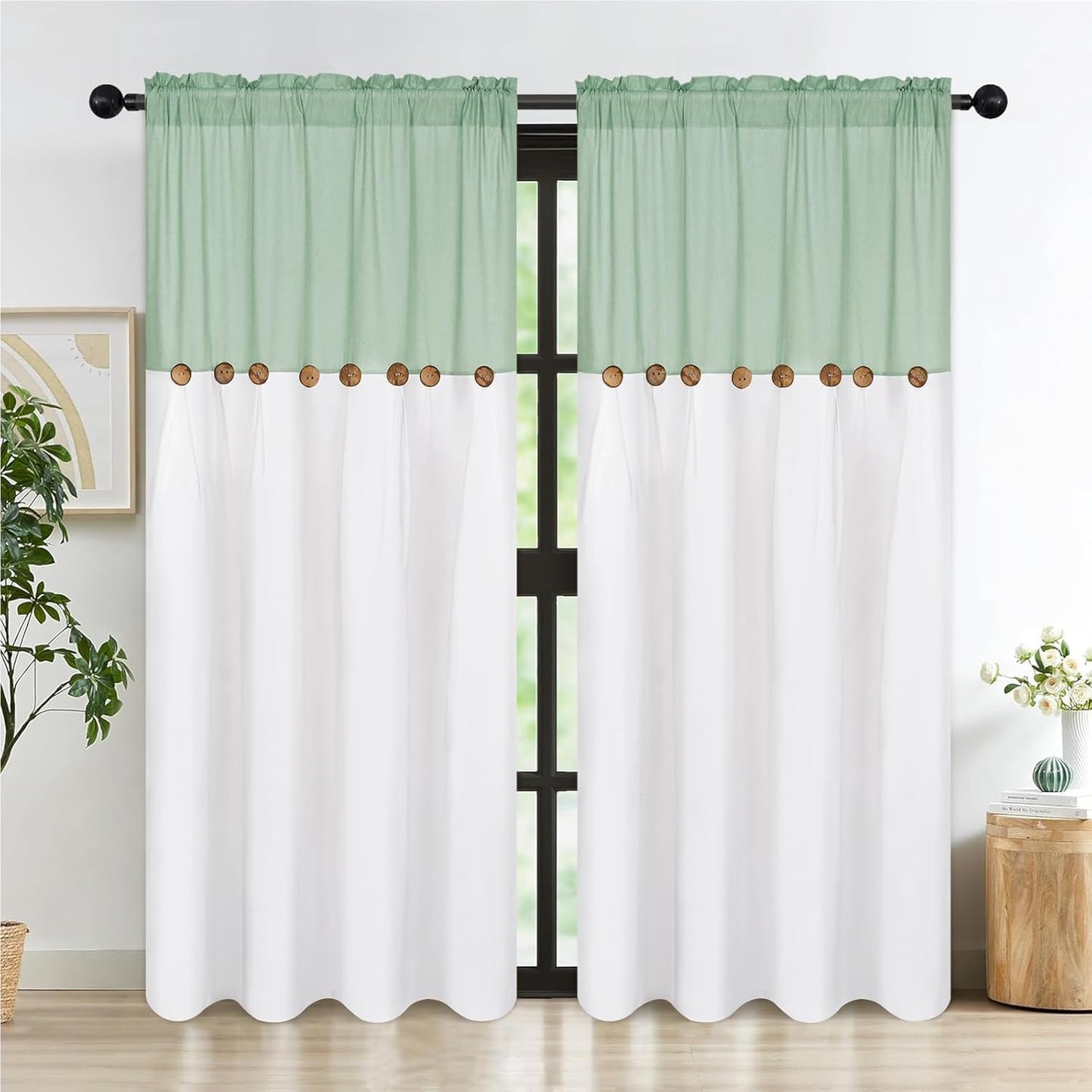 Alishomtll Linen Curtains Farmhouse Boho Button Light Filtering Window Drapes For Living Room Bedroom,Rod Pocket,84"L x 52"W, 2 Panel,Teal White