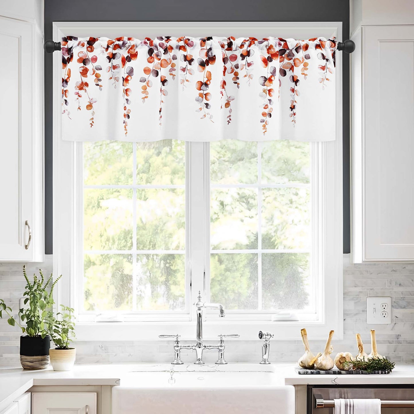 Alishomtll Fall Autumn Valance Curtains for Living Room Bedroom Kitchen Windows Grey Orange Watercolor Leaves Print ,52 x 18 inch,Rod Pocket