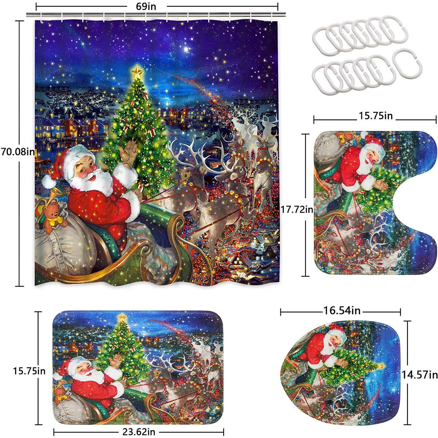 FRAMICS Christmas Shower Curtains and Bath Rug Set, Santa Reindeer Bathroom Decor Sets, Xmas Waterproof Fabric Shower Curtain with 12 Hooks and Toilet Rugs