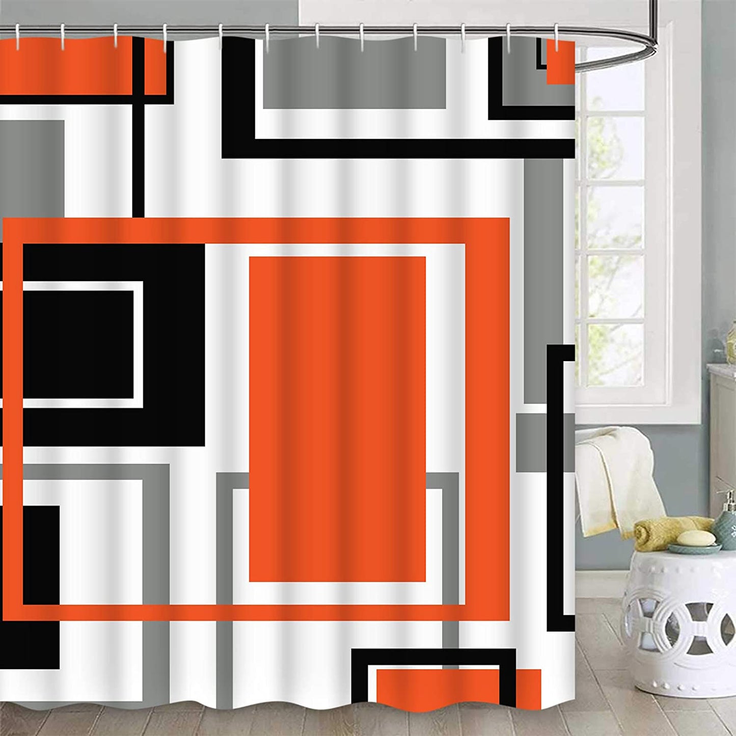 FRAMICS Orange Geometric Shower Curtain Sets with Rugs, 16 Pc Modern Abstract Bathroom Sets, Waterproof Fabric Bathroom Curtain Decor with Hooks