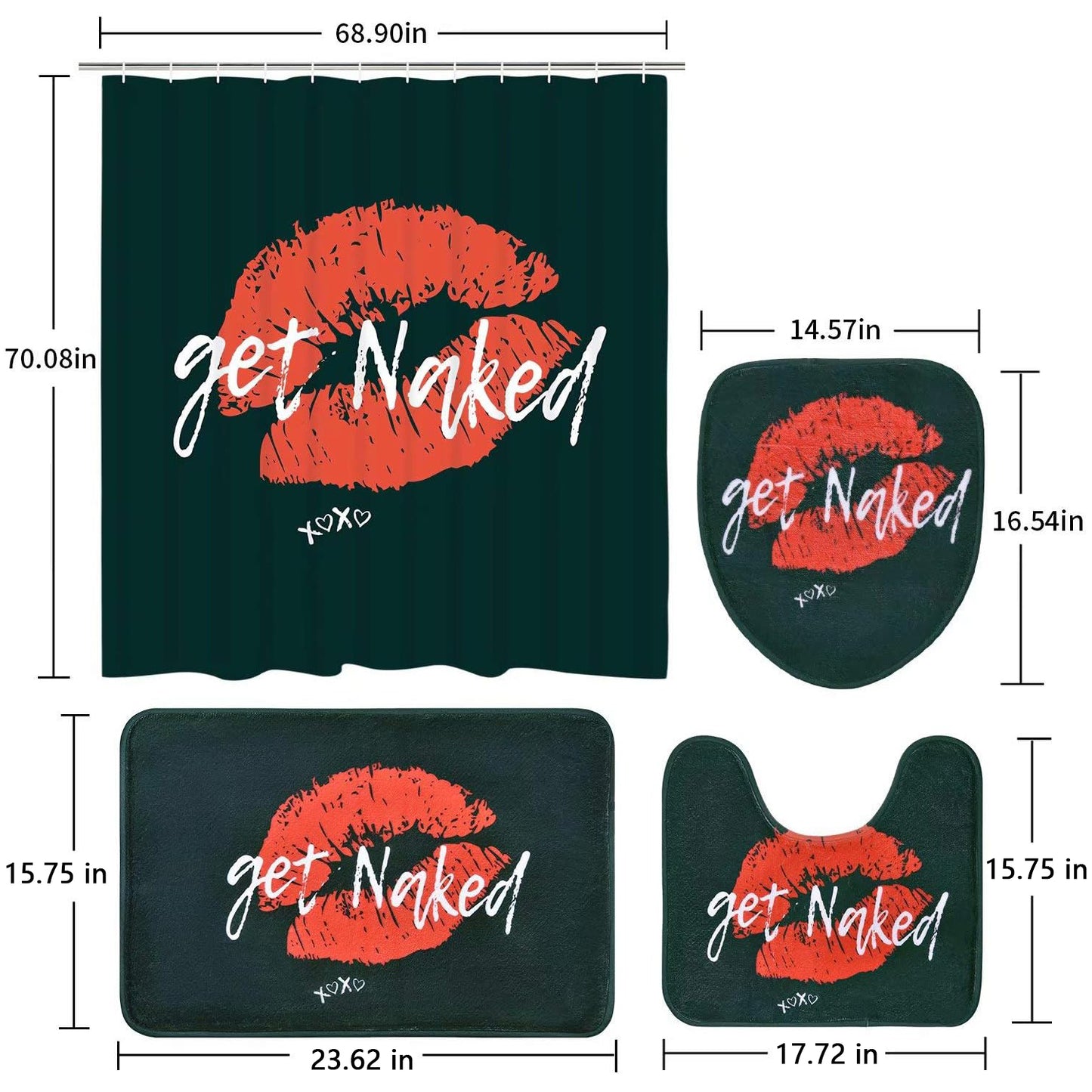 FRAMICS Red Sexy Lips Shower Curtain and Rug Sets, 16-Piece Get Naked Bathroom Shower Curtain Sets, Waterproof Fabric Shower Curtain with 12 Hooks and Toilet Rugs