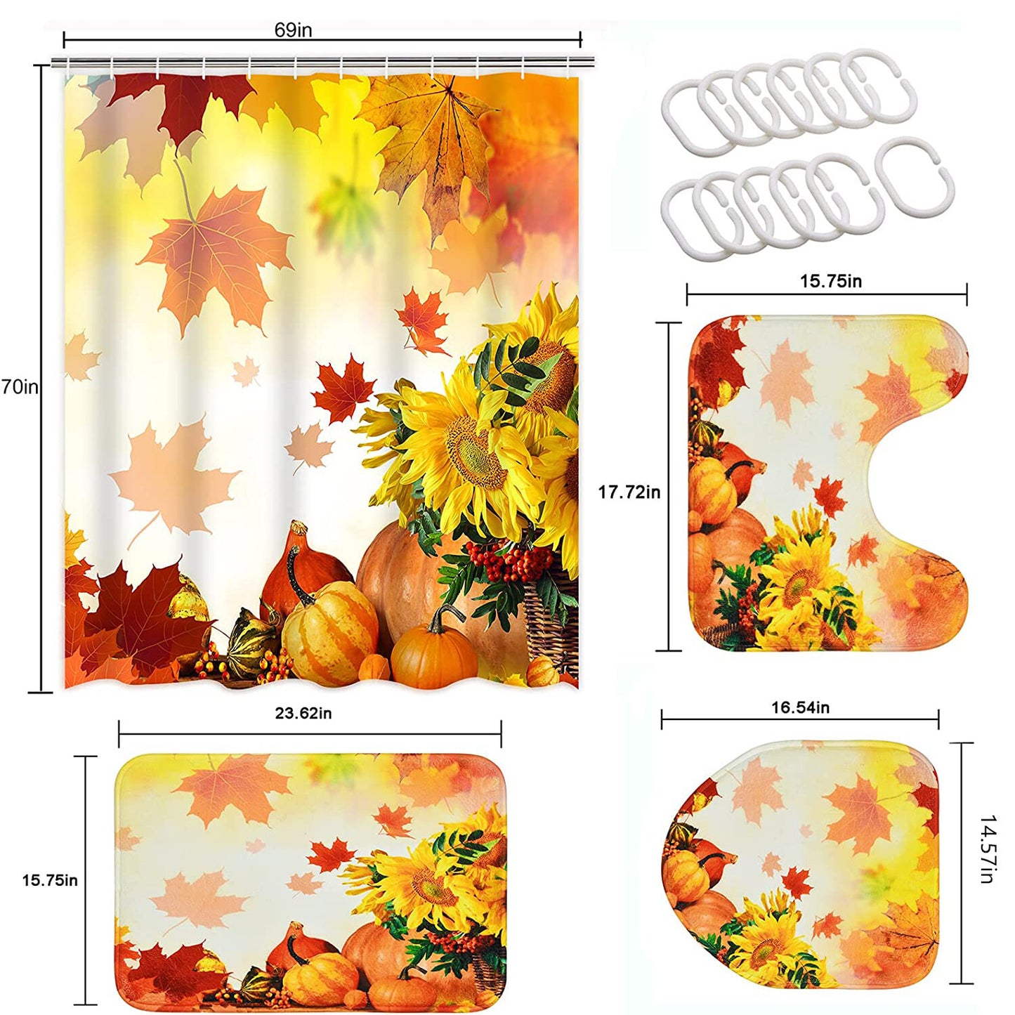 FRAMICS Thanksgiving Shower Curtain Set with Rugs, Orange Maple Leaf Pumpkin Pattern Bathroom Decor Set, Autumn Waterproof Fabric Shower Curtain with 12 Hooks and Toilet Rugs