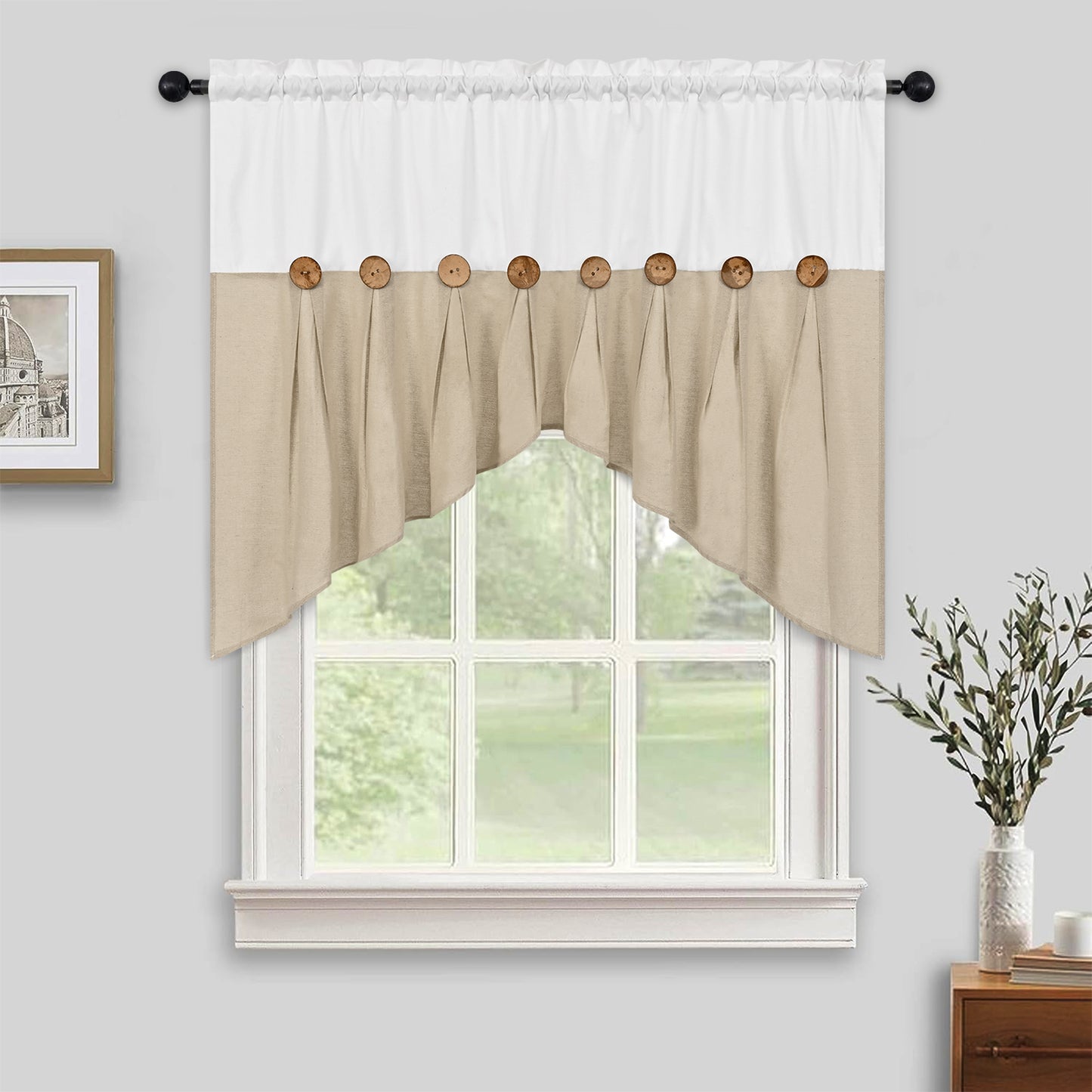 Alishomtll Linen Valance Farmhouse Boho Button Kitchen Curtains ,Rod Pocket,36"L x 52"W, White Linen