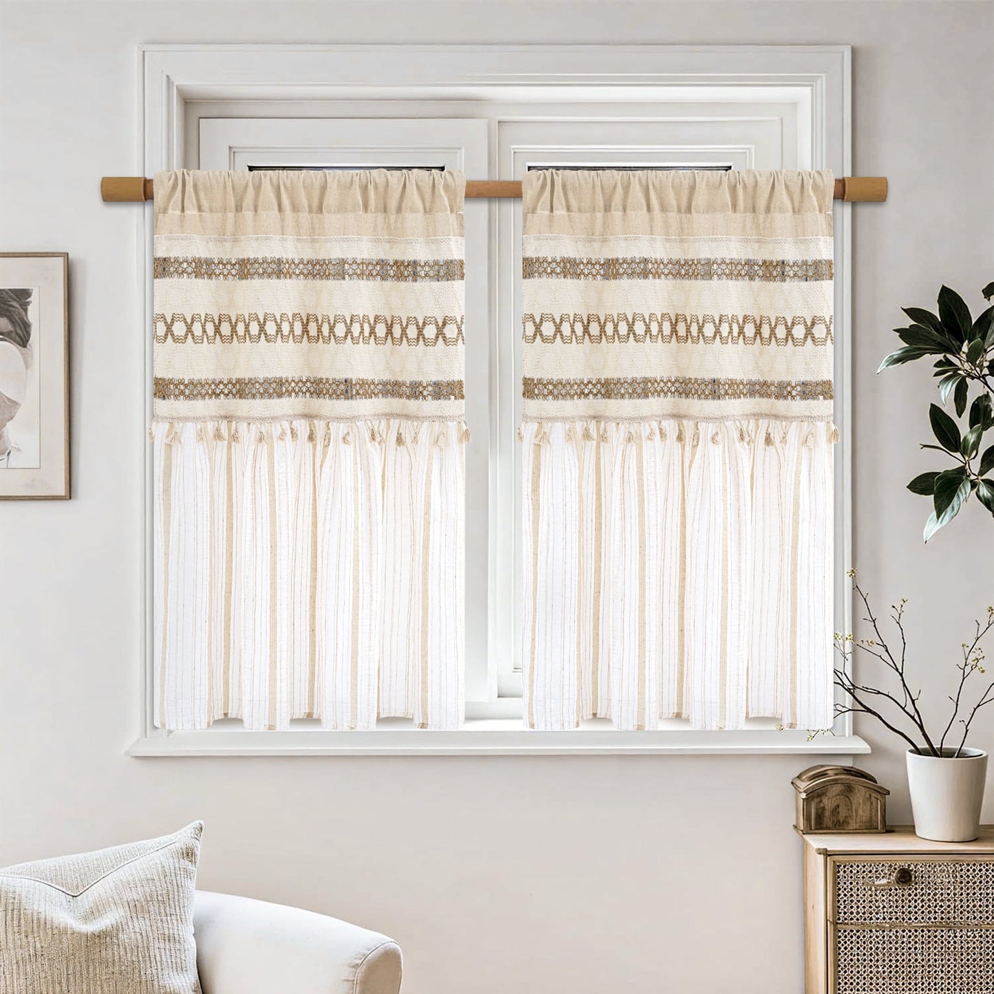 Alishomtll Boho Linen Light Filtering Curtains 84 Inches Long Farmhouse Rustic Striped Drapes Macrame Burlap ,Rod Pocket ,Beige ,with Tassel