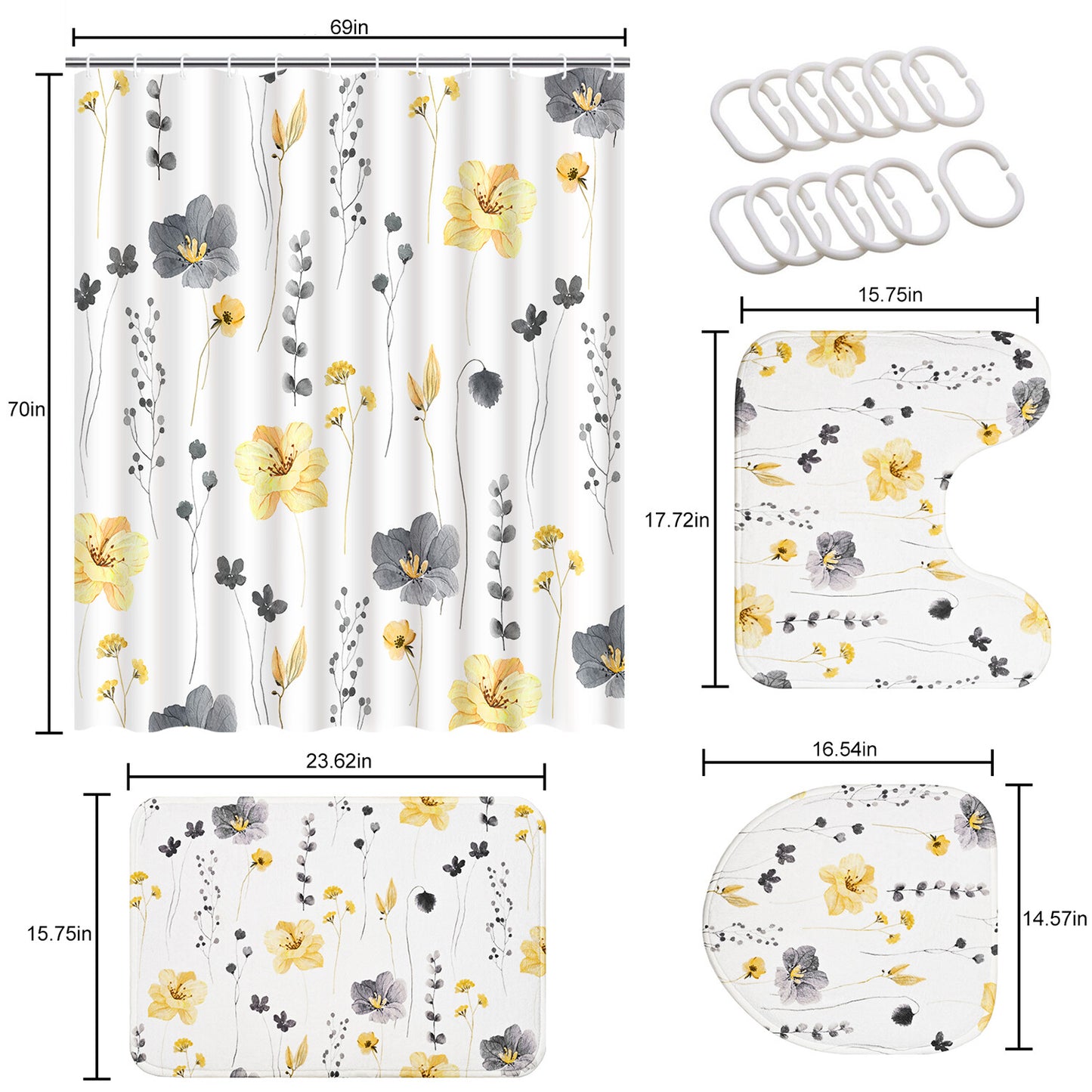 FRAMICS Yellow Grey Floral Shower Curtain Sets, 16 Pc Watercolor Flower Bathroom Sets with Rugs, Modern Minimalist White Waterproof Fabric Bathroom Curtain Decor with Hooks