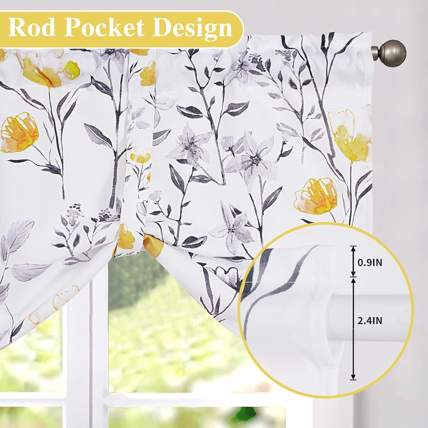Alishomtll Yellow Gray Watercolor Floral Printed Tie Up Valances Curtains Window Drapes, 54 x 18 Inch