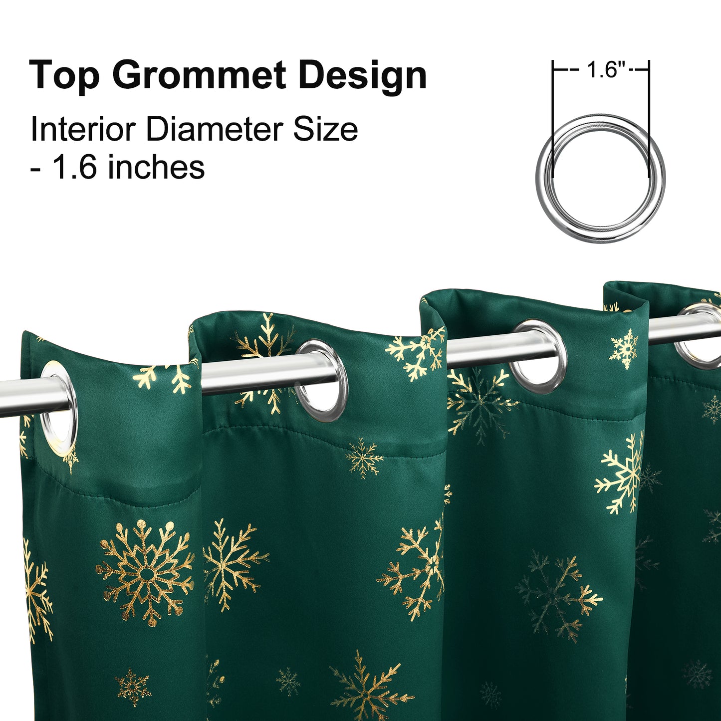 Alishomtll Gold Snowflake Foil Print Christmas Blackout Curtains, Christmas Grommet Window Curtains Drapes, 104" x 84", Green