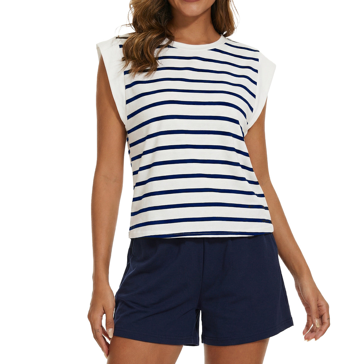 Gingprous Womens 2 Piece Outfits Striped Lounge Set Cap Sleeve Top and Drawstring Shorts Matching Set Spring Summer