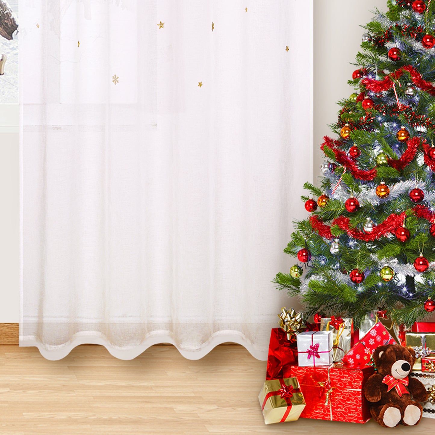 Alishomtll Snowflakes Christmas Curtain White Glitter Stars Sheer Voile Curtain Winter Window Drape, 52"W x 84"L,2 Panels