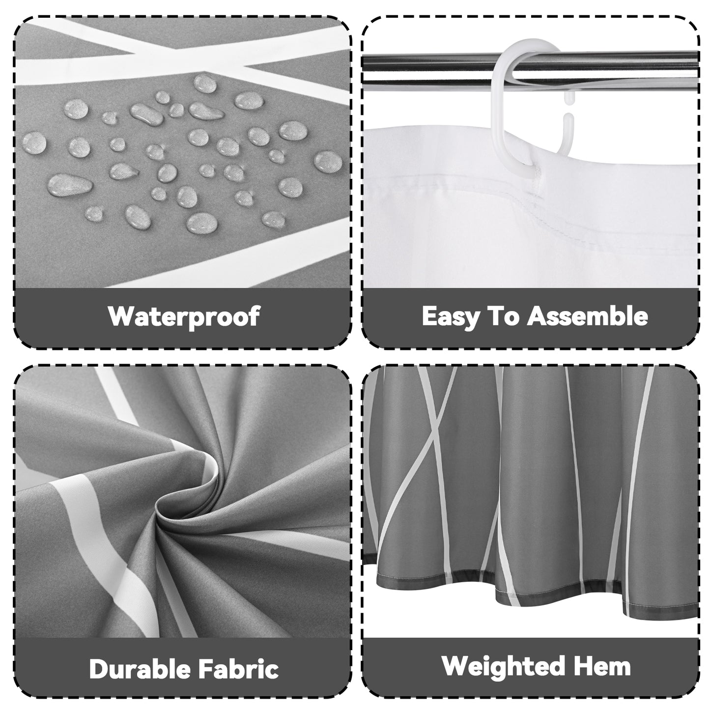 FRAMICS 15-Piece Ombre Gray Shower Curtain Sets with Rugs, Waterproof Fabric Striped Gradient Bathroom Sets, 72" x 72"