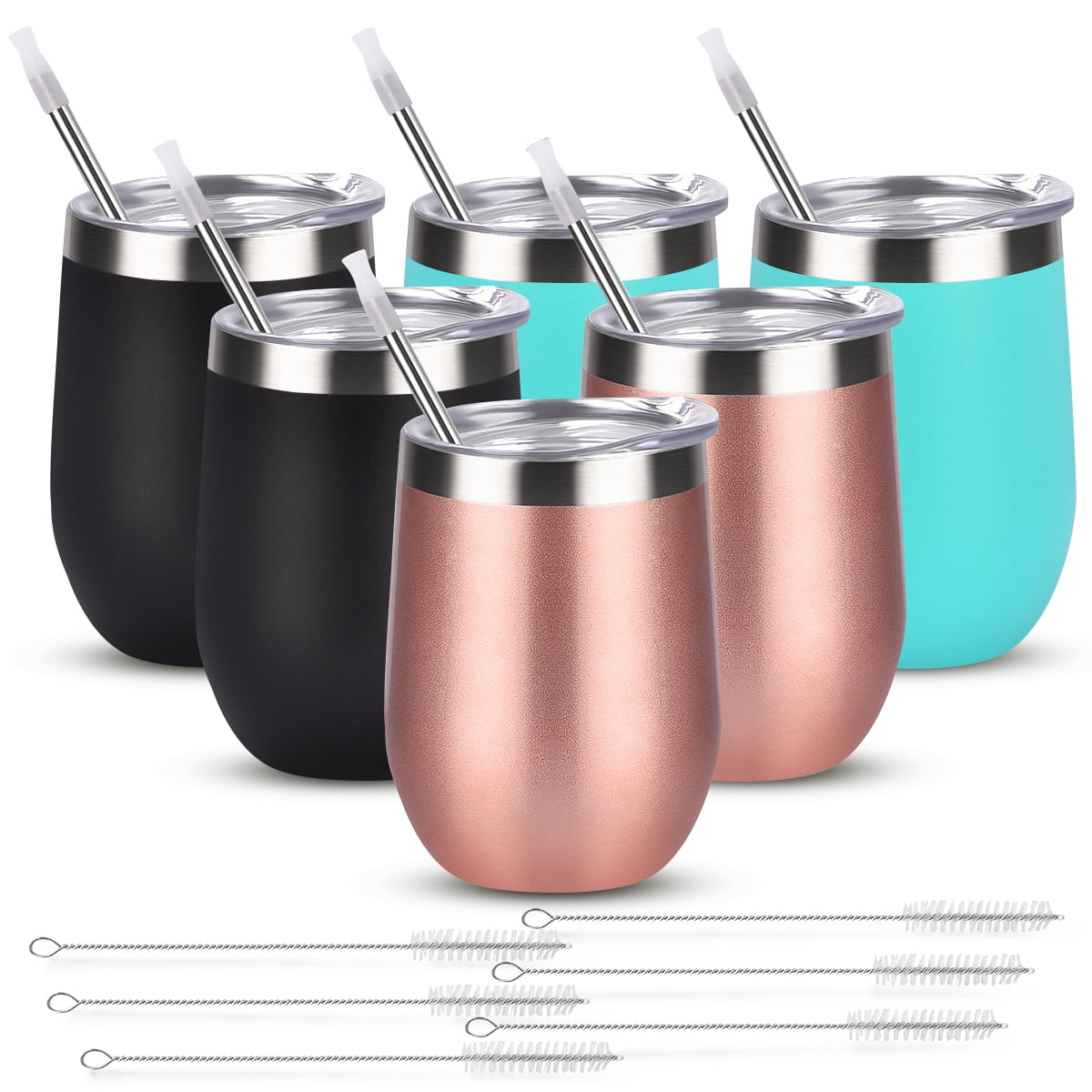Gingprous 6 Pack 12 oz Stainless Steel Tumblers with Lids Straws, Double Wall Travel Tumblers, Vacuum Insulated Tumblers, Insulated Coffee Cup , (Rose Gold*2+Lake Blue*2+Black*2)