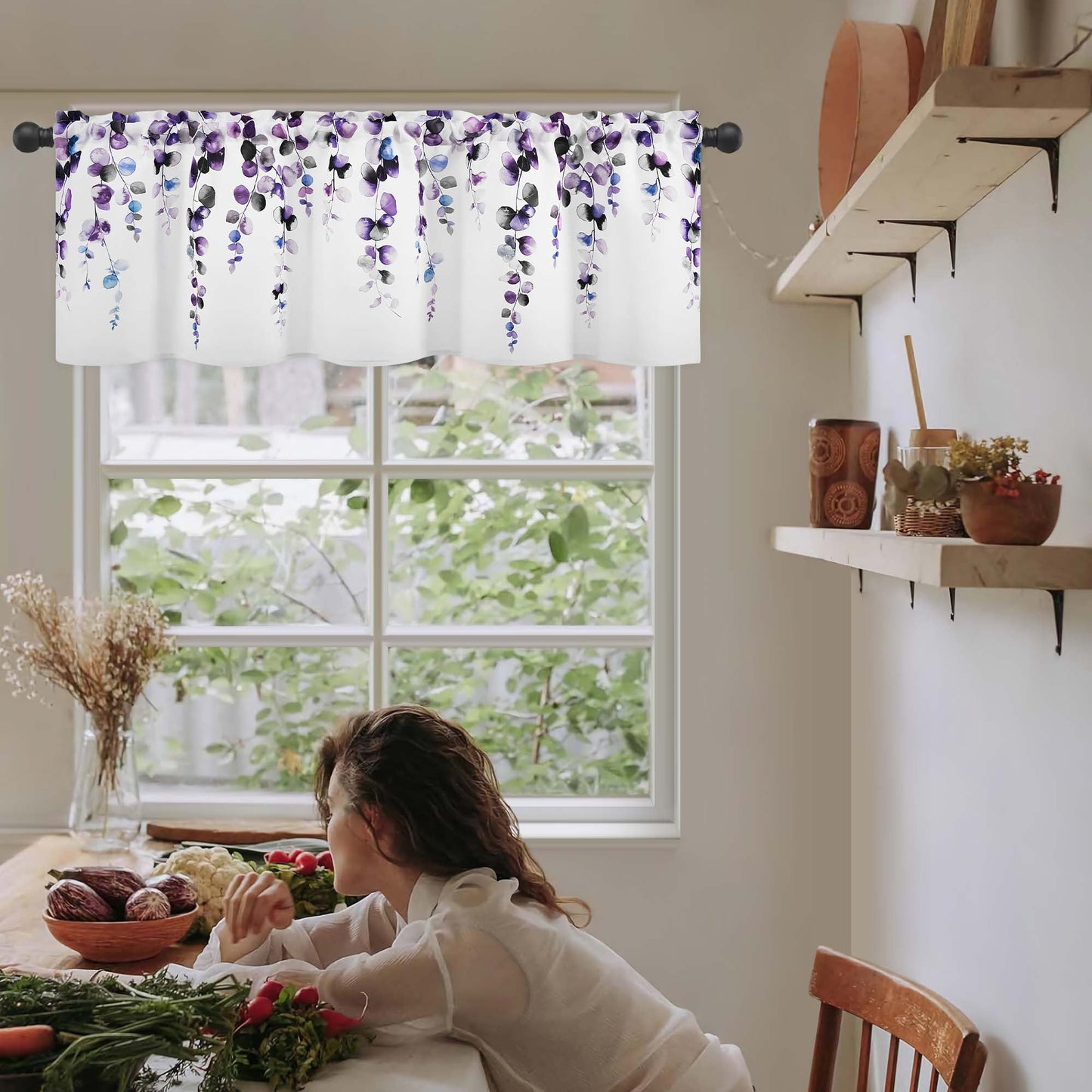 Alishomtll Valance Curtains for Living Room Bedroom Kitchen Windows Grey Purple Watercolor Leaves Print ,52 x 18 inch,Rod Pocket