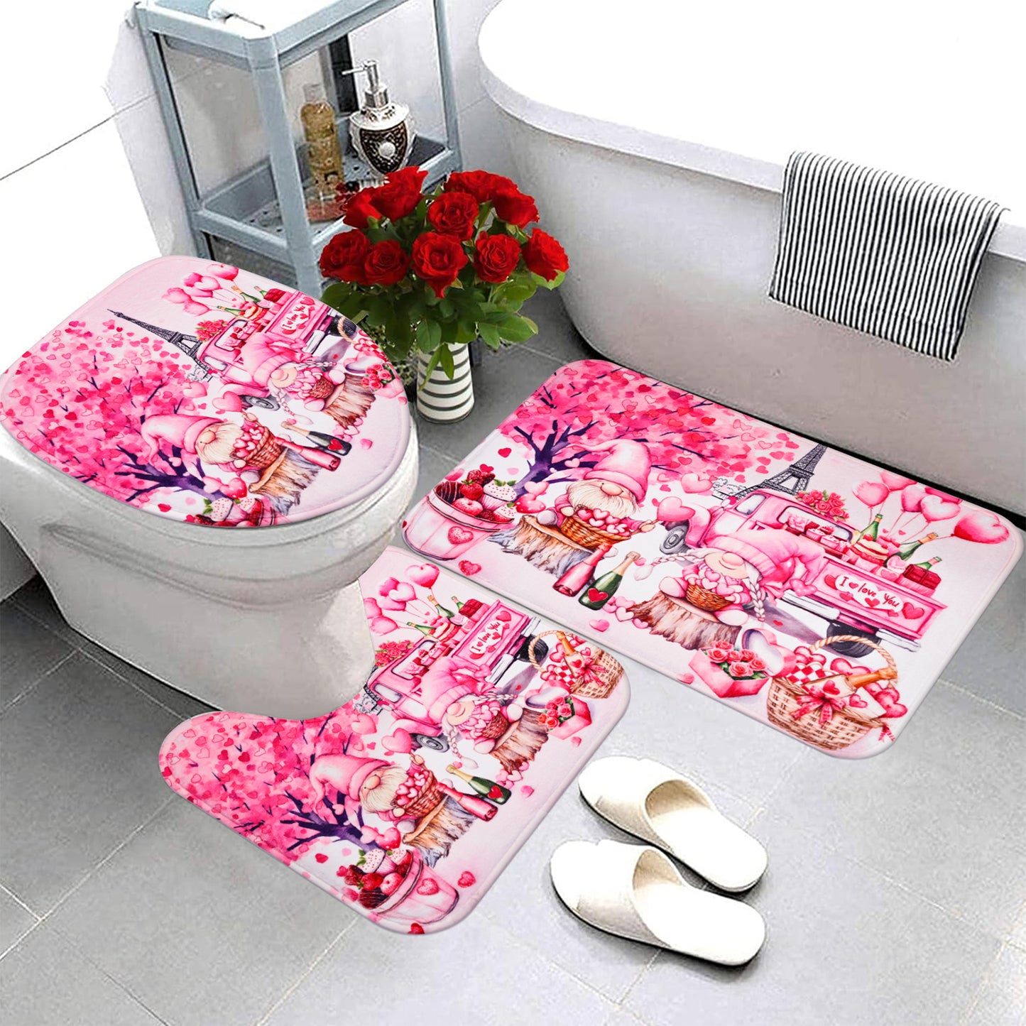 FRAMICS Happy Valentine's Day Shower Curtain Sets with Rugs, 16 Pc Pink Gnome Truck Bathroom Sets, Love Heart Tree Waterproof Fabric Bathroom Curtain Decor with Hooks