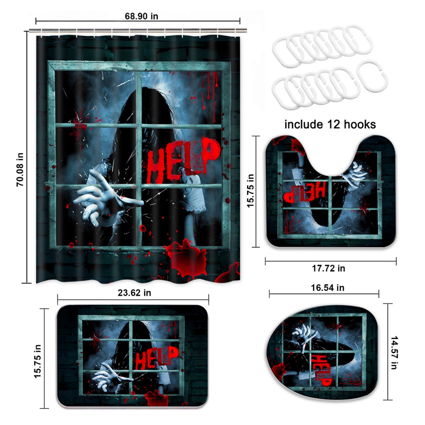 FRAMICS 16 Pc Halloween Shower Curtain Sets with Rugs, Help Me Bloody Hands Bathroom Sets, Scary Ghost Waterproof Fabric Shower Curtain with 12 Hooks and Toilet Rugs