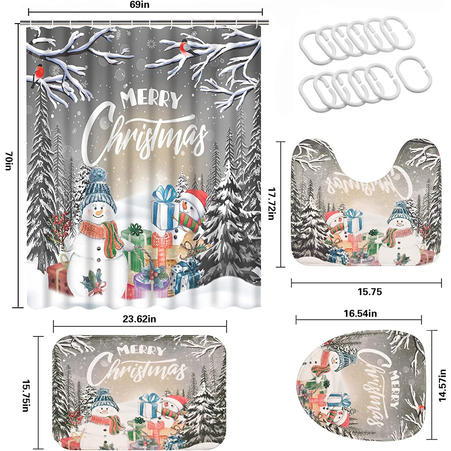 FRAMICS Merry Christmas Shower Curtain Sets with Rugs, Snowman Snowflake Bathroom Decor Set, Silver Grey Xmas Trees Gift Waterproof Fabric Shower Curtain with 12 Hooks and Toilet Rugs