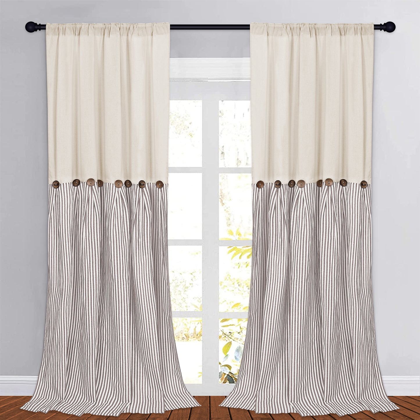 Alishomtll Farmhouse Curtains Natural Stripe Cotton Linen Button Boho Rustic Rod Pocket Back Tab Window Drapes for Living Room , 2 Panels