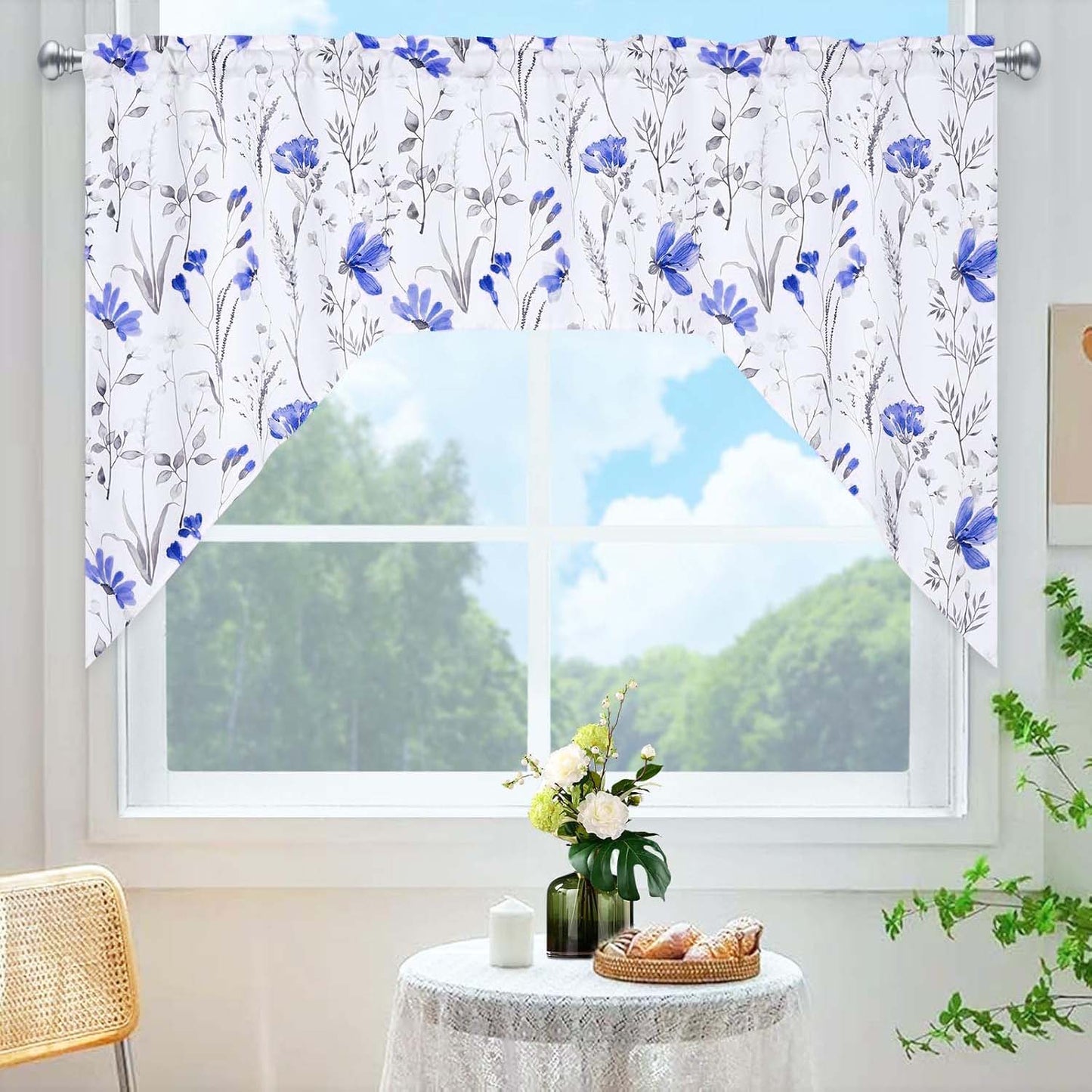 Alishomtll Kitchen Curtains Blue Floral Valance Swag Curtains Watercolor Flower Window Drapes,61" W x 36" L,Rod Pocket