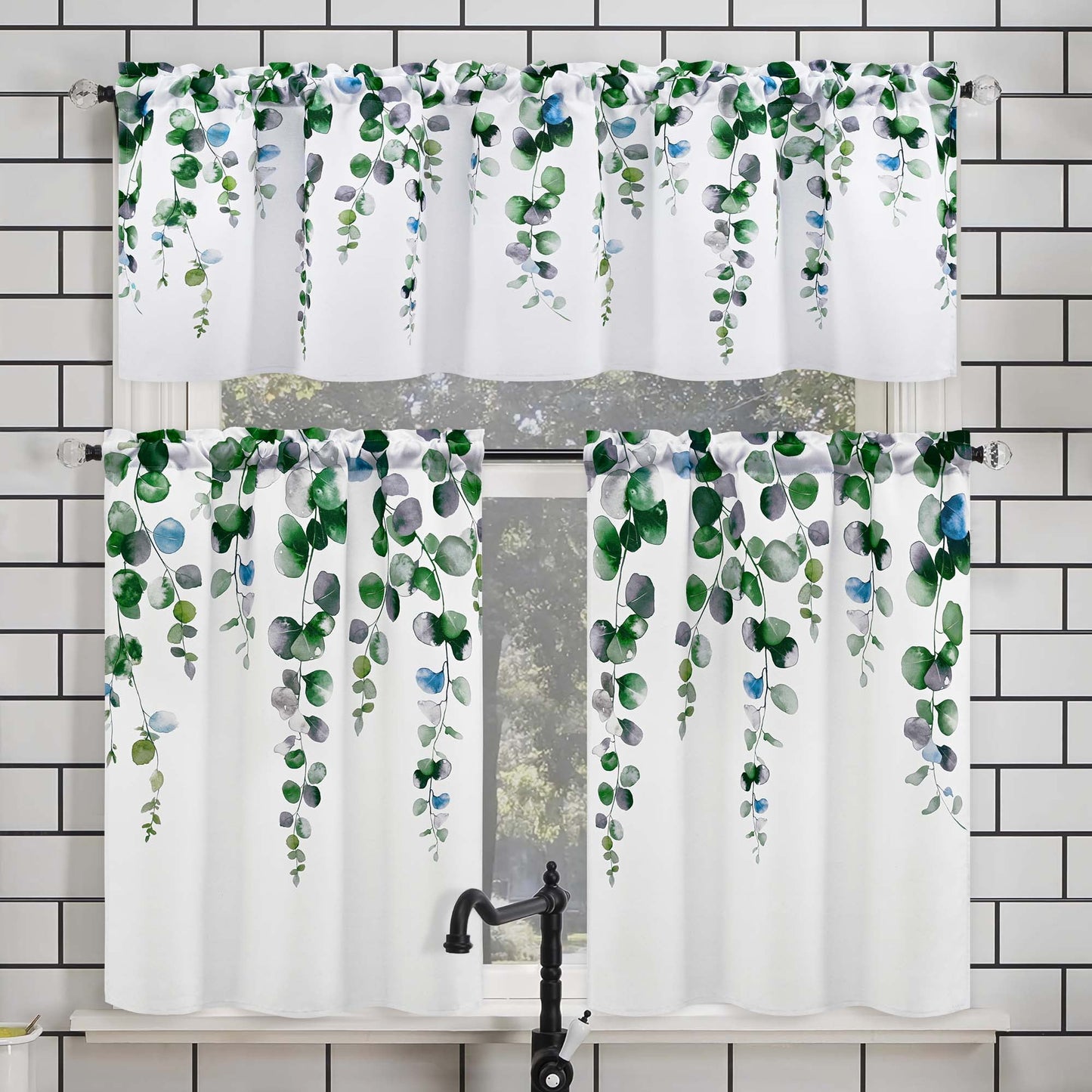 Alishomtll Kitchen Curtains and Valances Sets Grey Green Watercolor Leaves Print Kitchen Curtains 3 Piece Set 36 Inches Long,Rod Pocket