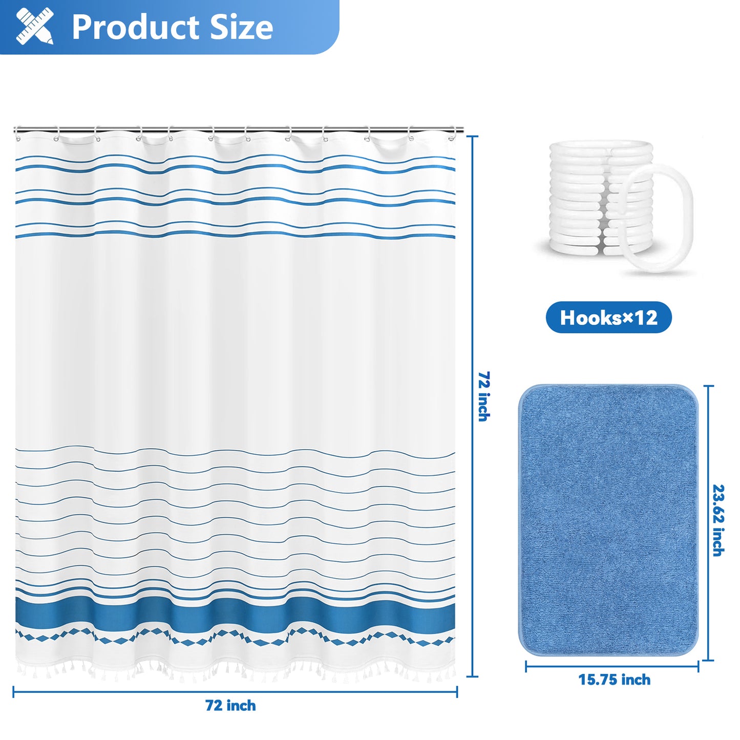 FRAMICS Striped Tassel Shower Curtain Sets with Bath Rug, Boho Farmhouse Bathroom Sets with Hooks, Heavy-Duty Fabric Slub Textured, Water-Repellent and Washable, 72" x 72", Blue