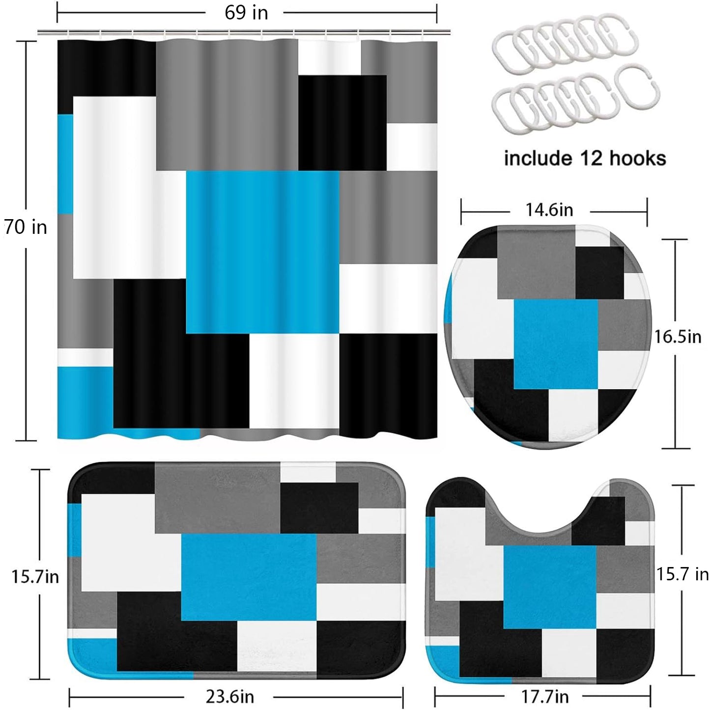 FRAMICS Blue Geometric Shower Curtain and Rug Sets, 16 Pc Black Grey Modern Abstract Bathroom Sets, Waterproof Fabric Shower Curtain with 12 Hooks and Toilet Rugs
