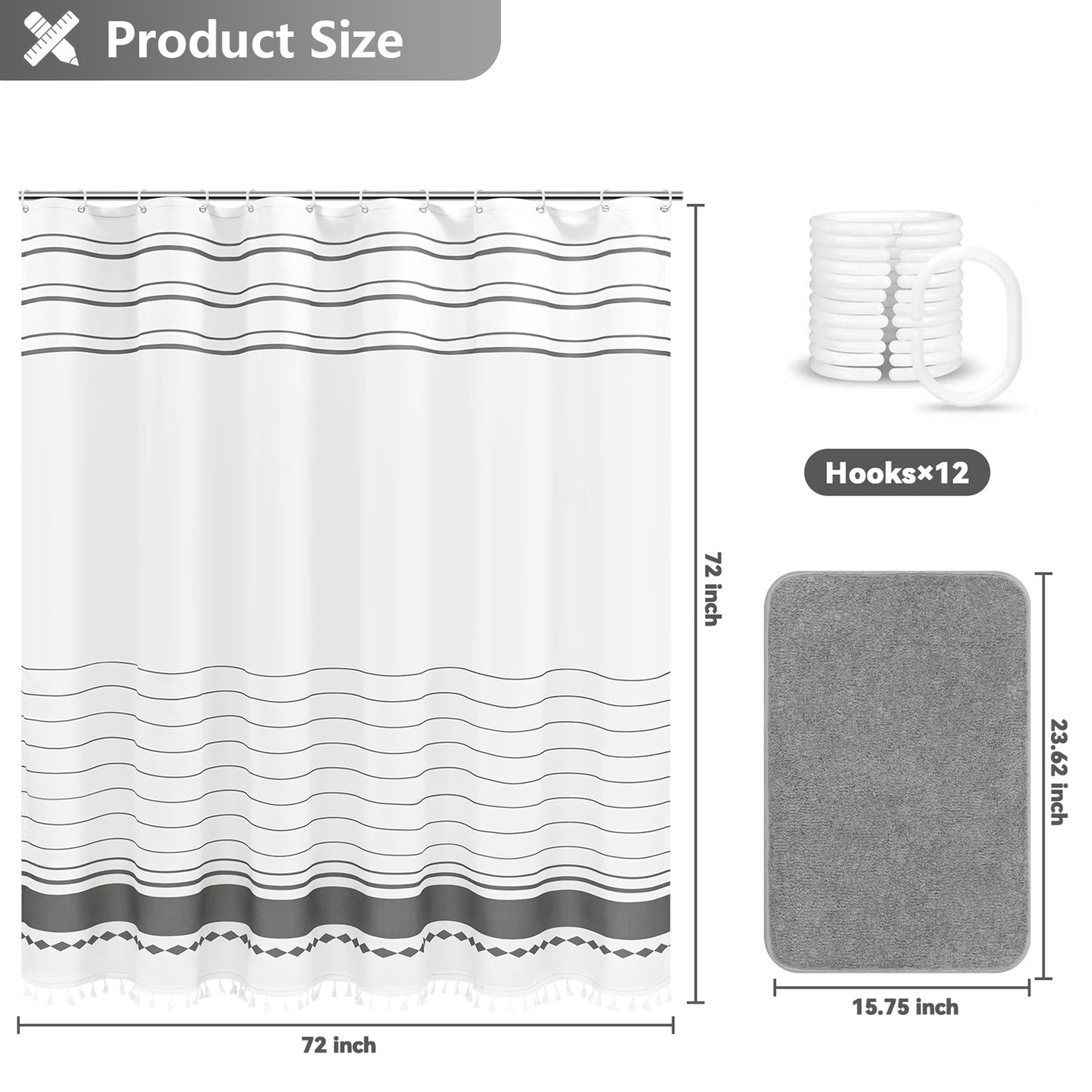 FRAMICS Striped Tassel Shower Curtain Sets with Bath Rug, Boho Farmhouse Water-Repellent Fabric Bathroom Sets with Hooks, Slub Textured Design, 72" x 72", Gray
