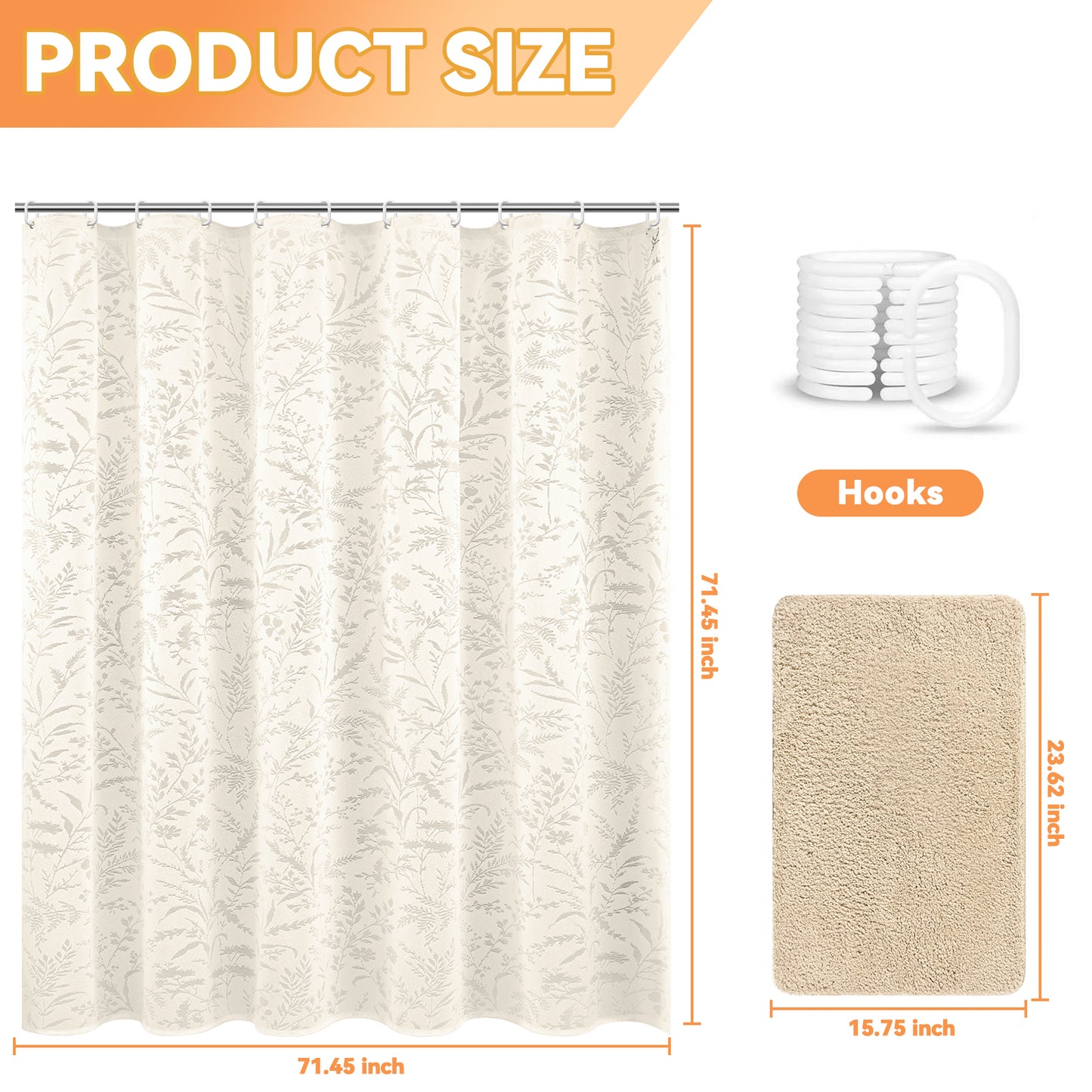 FRAMICS Vintage Lace Shower Curtain Sets with Rug and Hooks, Waterproof Fabric Semi Sheer Leaf Floral Bathroom Sets, Mold Resistant, Beige