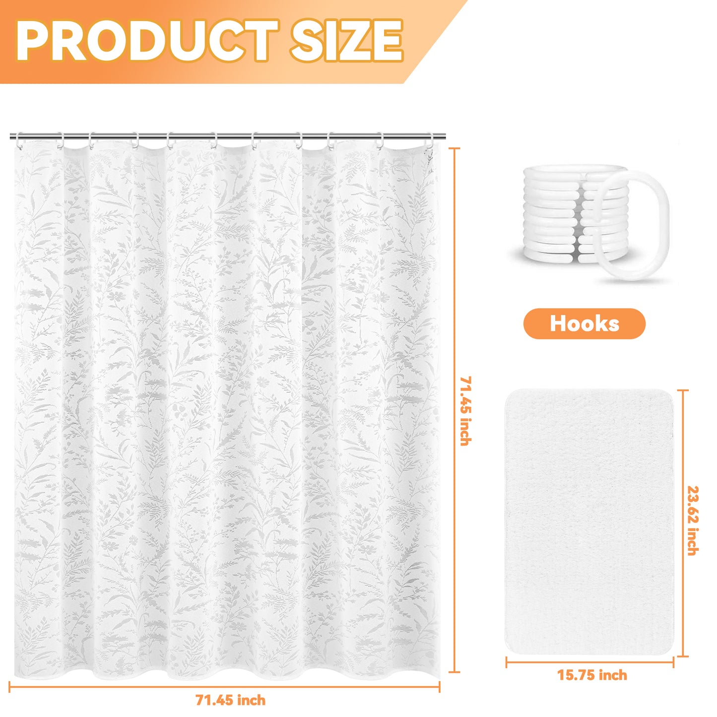 FRAMICS Vintage Lace Shower Curtain Sets with Rug and Hooks, Waterproof Fabric Semi Sheer Leaf Floral Bathroom Sets, Mold Resistant, White