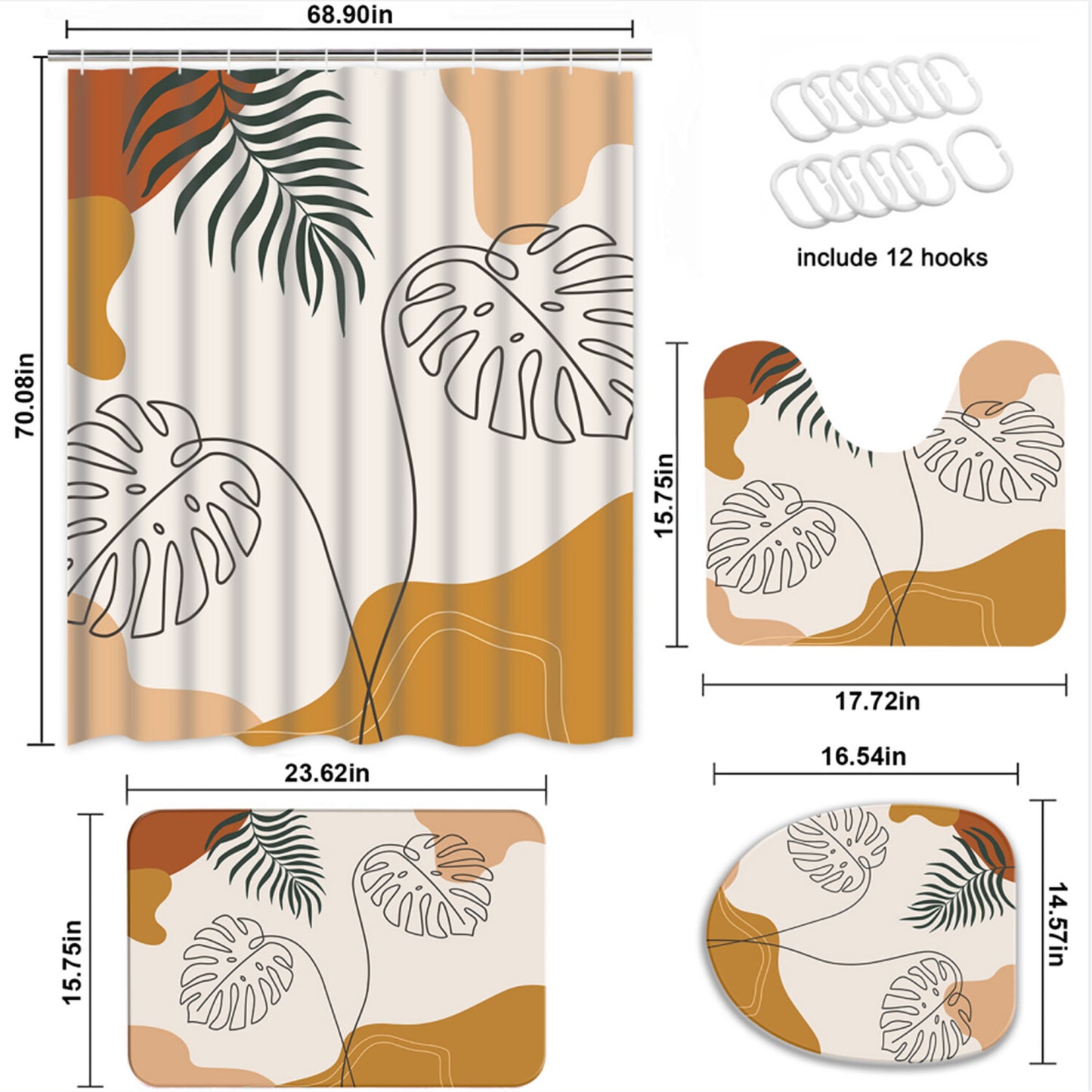 FRAMICS Boho Mid Century Shower Curtain and Rug Sets, 16 Pc Modern Abstract Geometric Bathroom Sets, Brown Waterproof Fabric Shower Curtain Sets with 12 Hooks