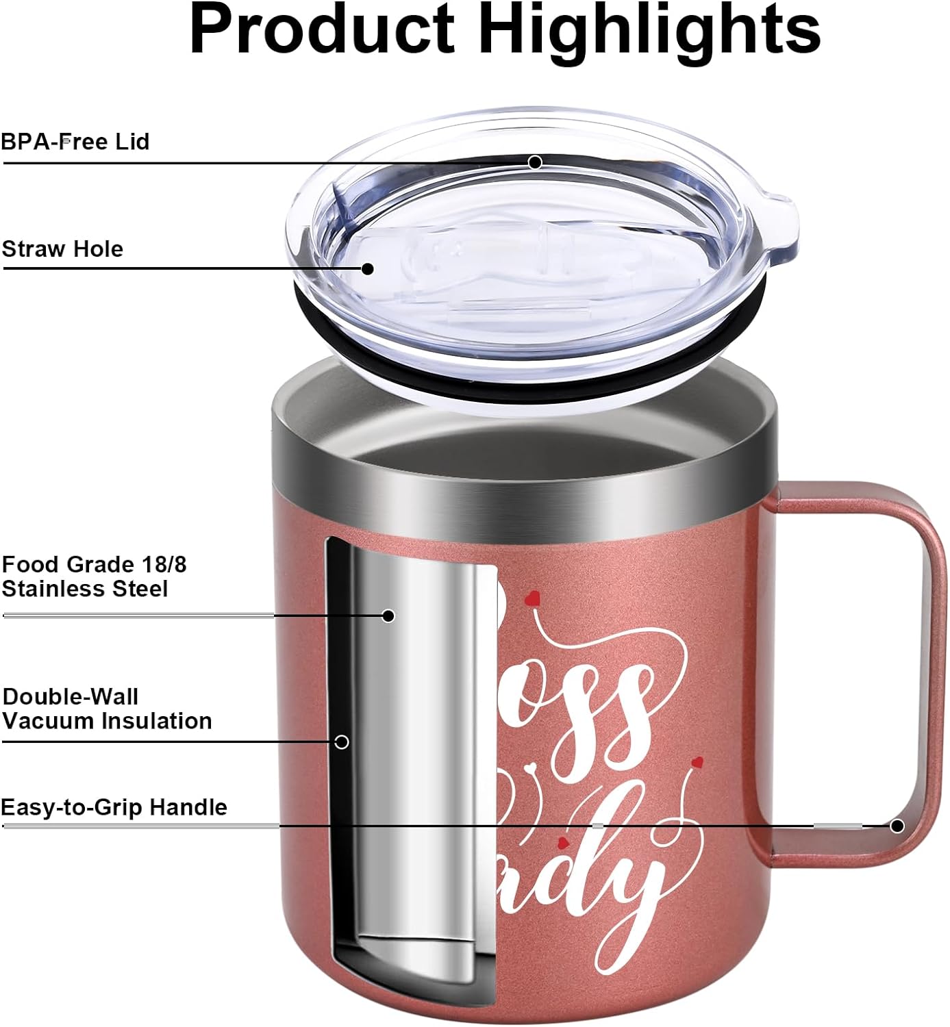 Gingprous 12oz Stainless Steel Tumbler Set,Boss Lady,Boss Lady Off Duty , Vacuum Insulated Tumblers, Boss Day Gifts for Women, Manager, Boss,Birthday ,Christmas gifts, Rose Gold&White