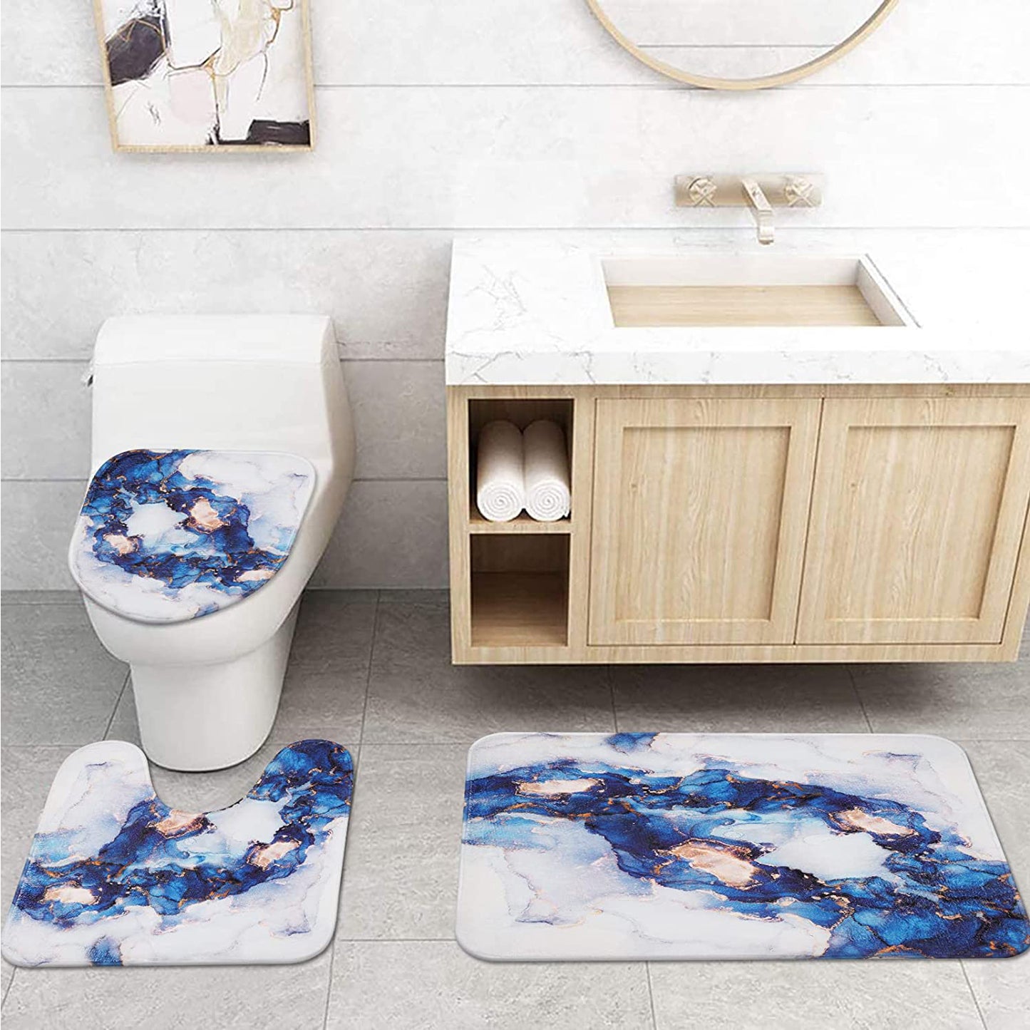 FRAMICS Navy Blue Luxury Marble Shower Curtain and Rug Sets, 16 Pc Modern Abstract Bathroom Sets, Waterproof Fabric Shower Curtain with 12 Hooks and Toilet Rugs
