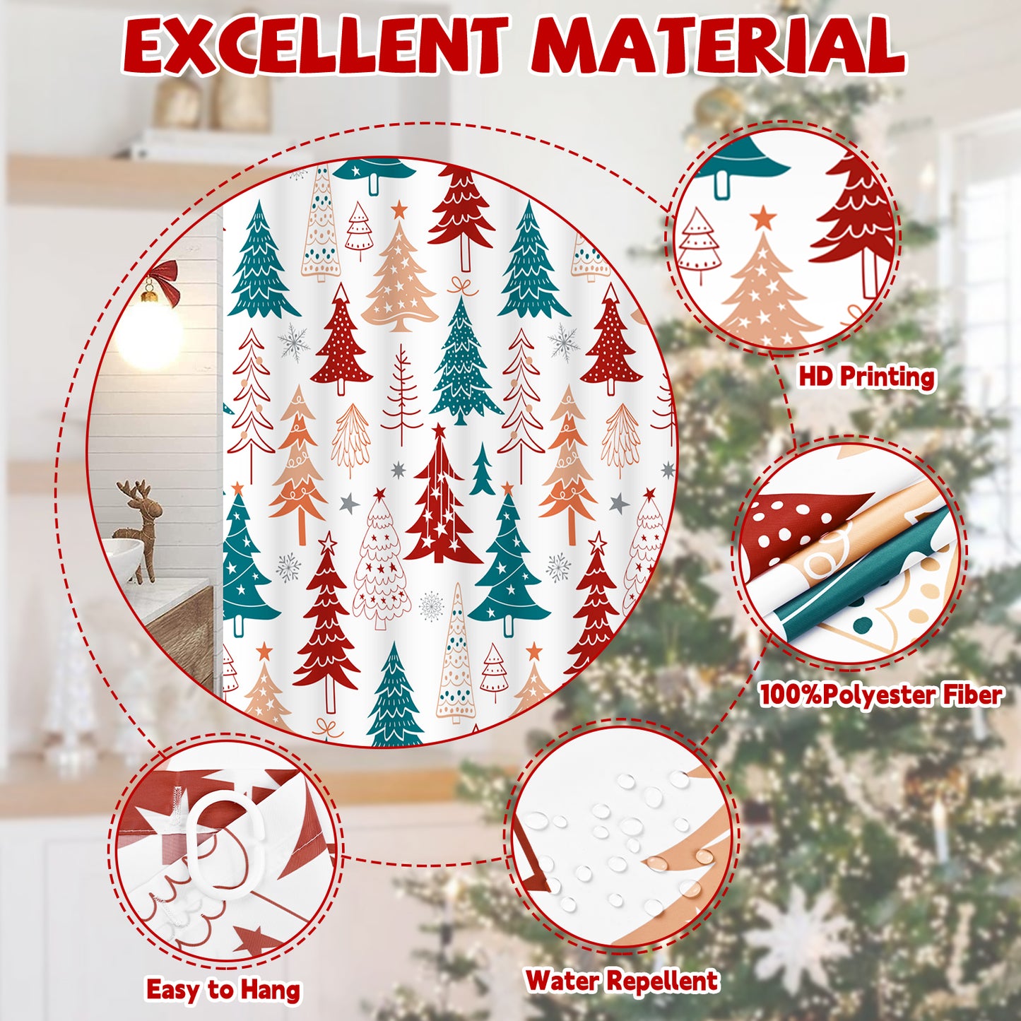 FRAMICS Christmas Shower Curtain Sets with Rugs, 16 Pcs Xmas Tree Snowflake Bathroom Sets, Waterproof Fabric Bathroom Curtain for Home Holiday Decor with Hooks