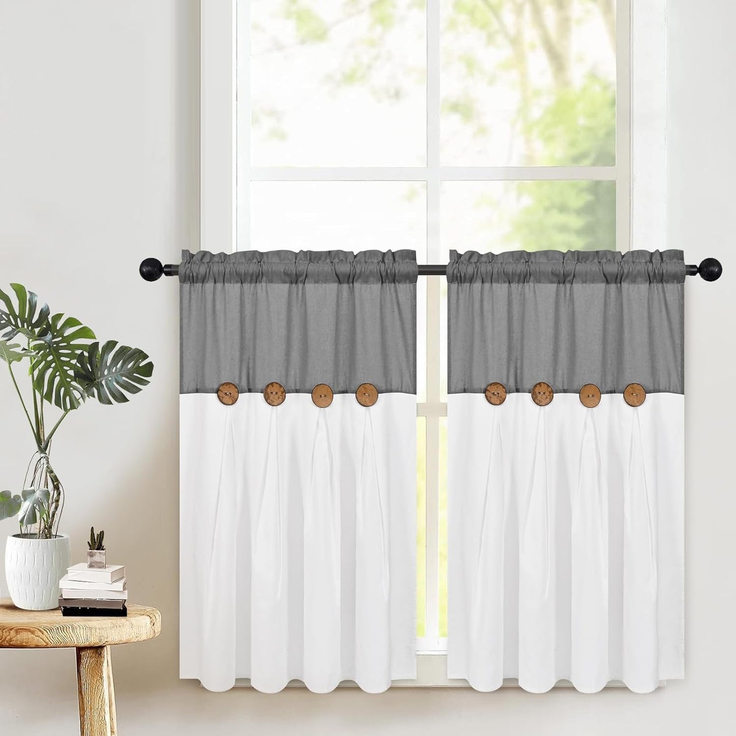 Alishomtll Linen Farmhouse White Boho Button Solid Print Rod Pocket Light Filtering Curtains, 26" x 36" (2 Panels),Gray white