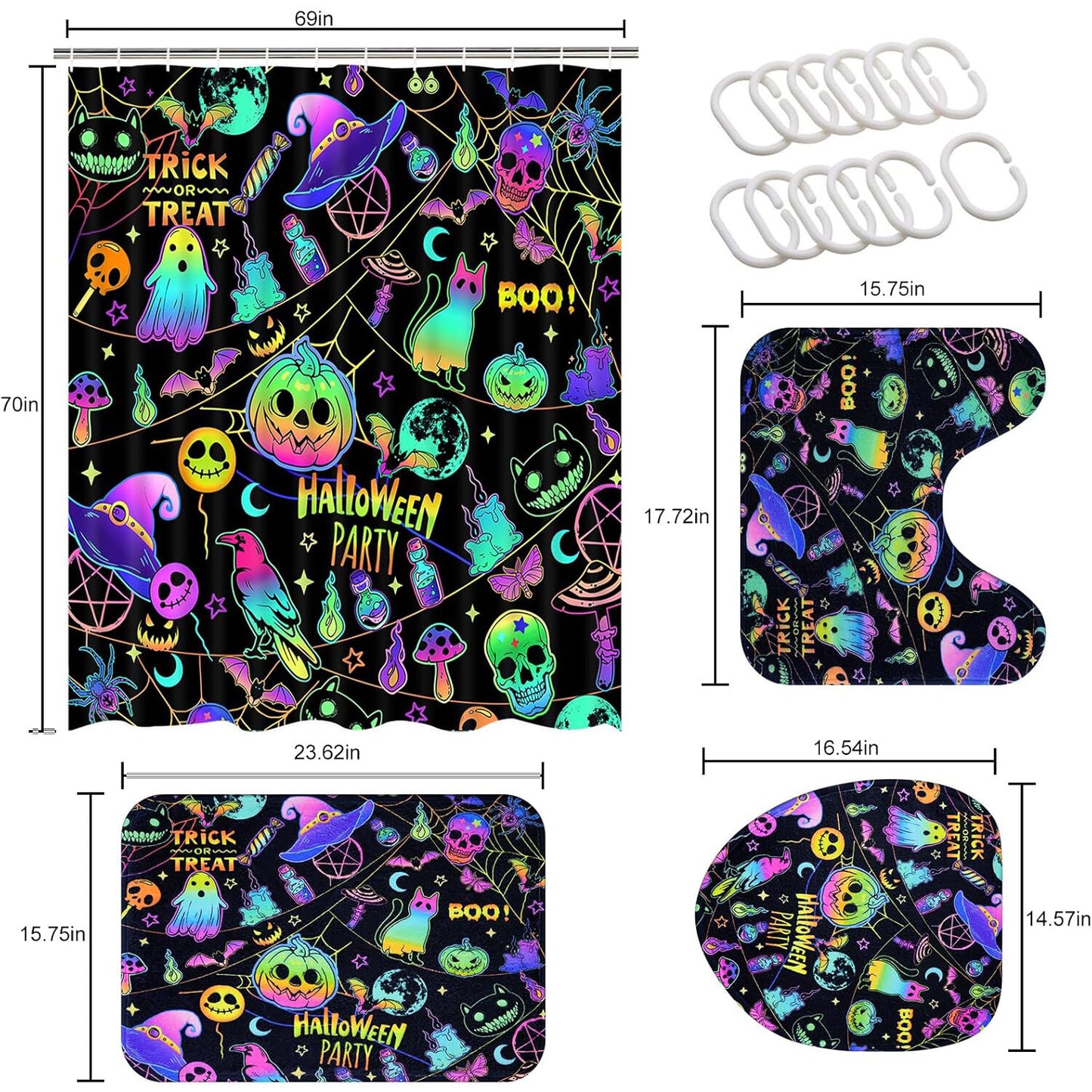 FRAMICS Halloween Blacklight Shower Curtain Sets with Rugs, 16 Pc Colorful Pumpkin Ghost Bathroom Sets, Waterproof Fabric Bathroom Curtain Decor with Hooks