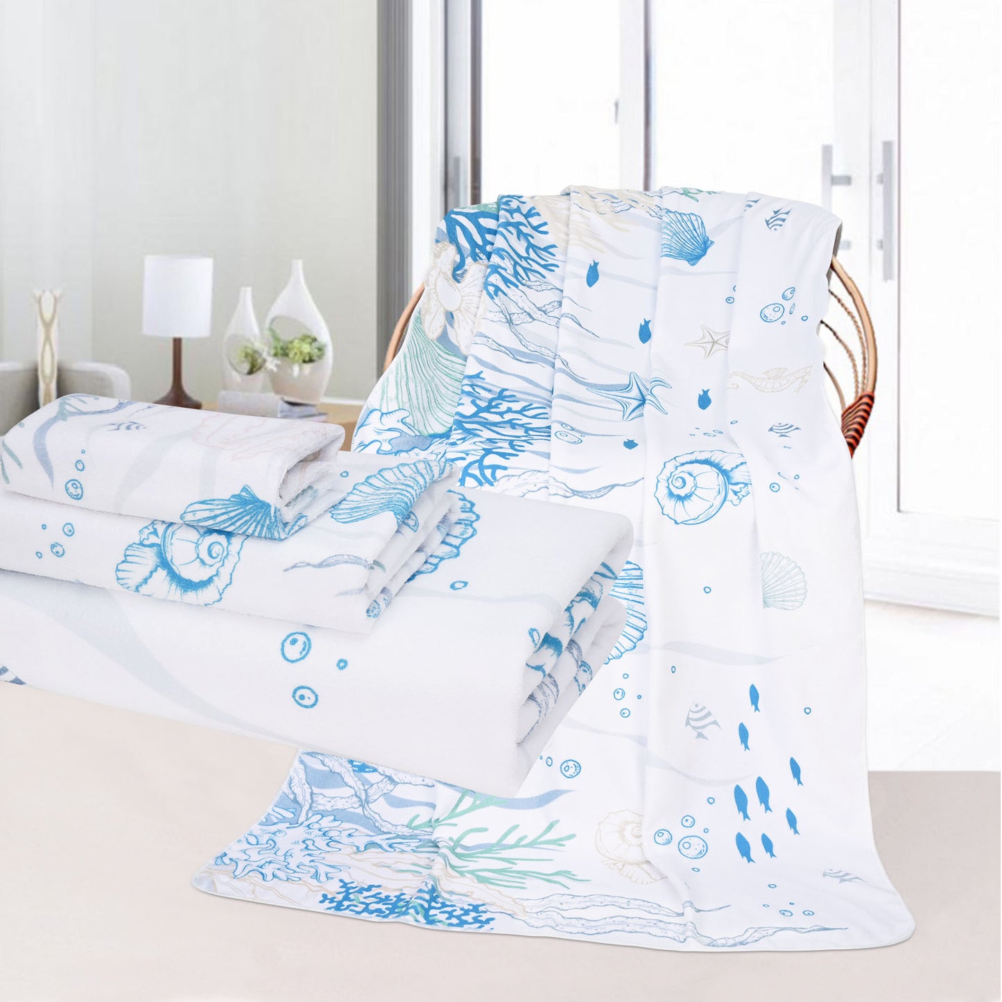 Alishomtll Ocean Bath Towels Set ,Blue White Nautical Coral Starfish Seashell Towels Include Bath Towel, Hand Towel And Kitchen Dish Towel