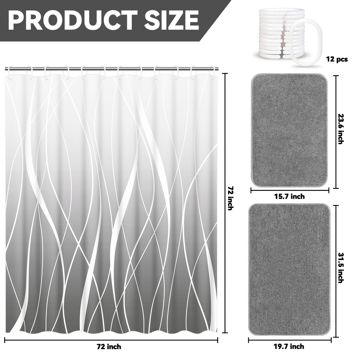 FRAMICS 15-Piece Ombre Gray Shower Curtain Sets with Rugs, Waterproof Fabric Striped Gradient Bathroom Sets, 72" x 72"