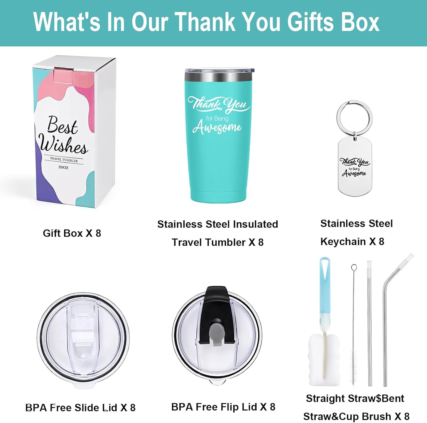 Gingprous Thank You for Being Awesome , 20oz Insulated Stainless Steel Travel Tumbler Sets with Lid and Straw,Appreciation Gifts for Women Men with Keychain (Multicolor, 8 Pcs)