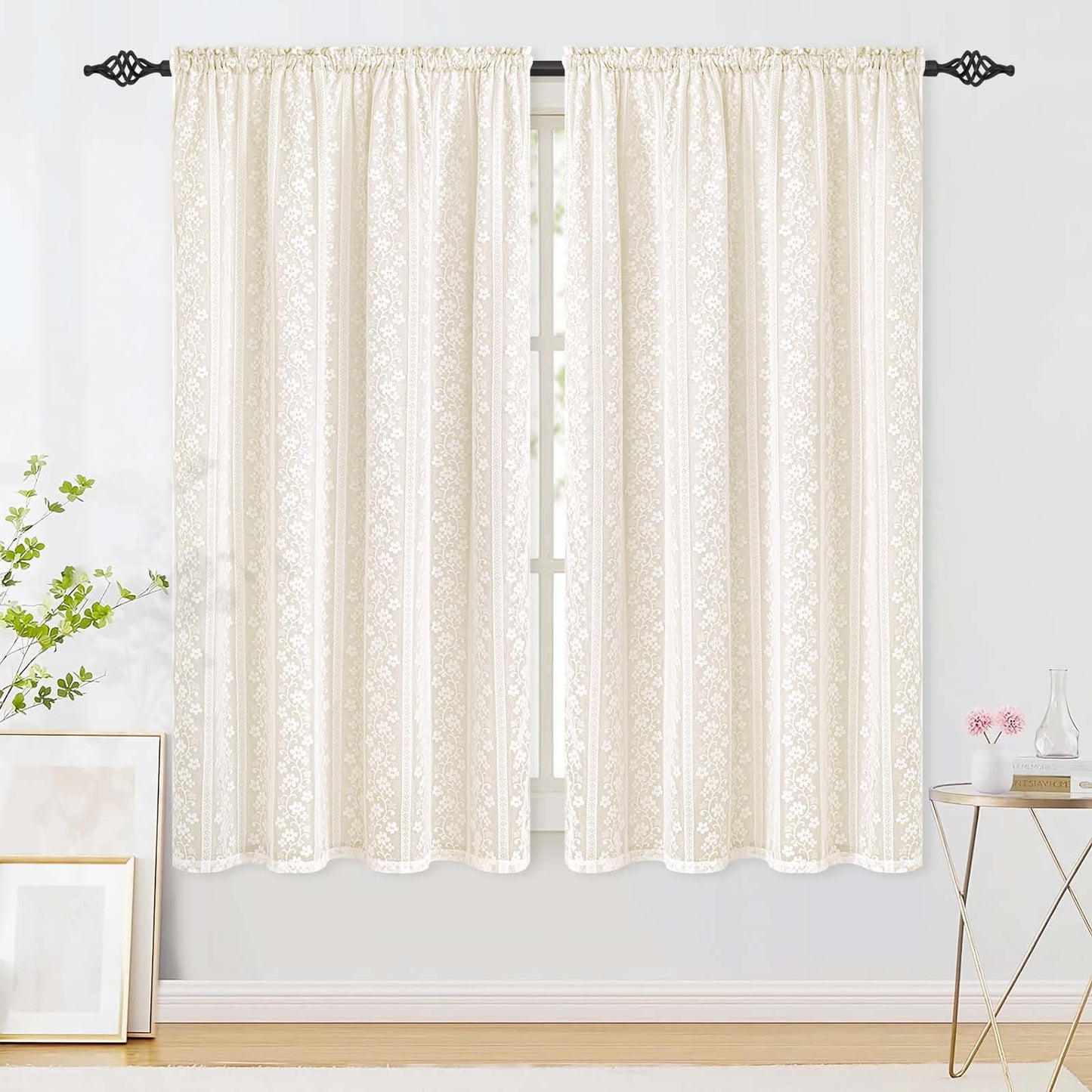 Alishomtll Beige Linen Curtains with Lace Sheer 84 Inches Long, Double Layer Light Filtering Window Drapes for Bedroom Living Room,W52 X L84,2 Panels
