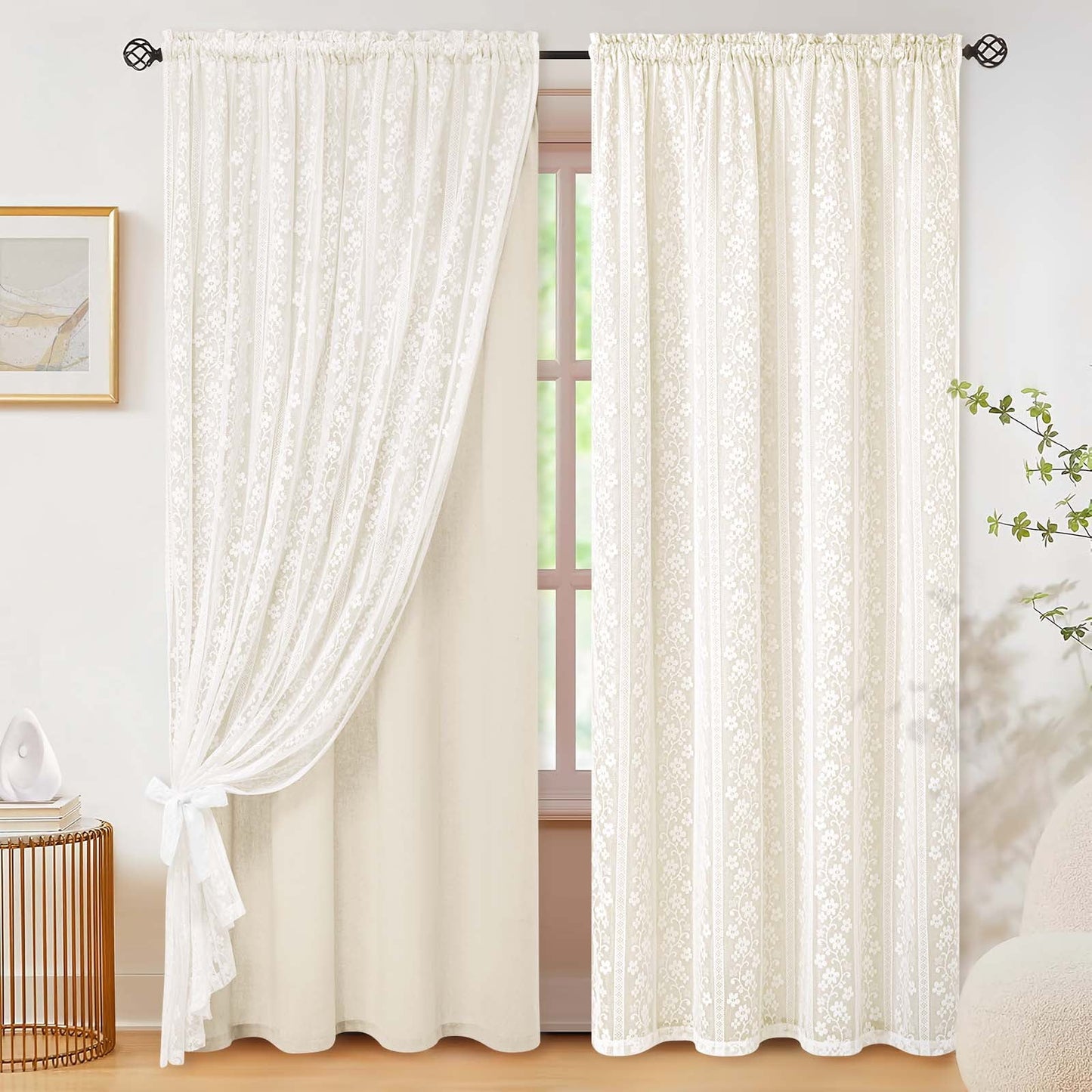 Alishomtll Beige Linen Curtains with Lace Sheer 84 Inches Long, Double Layer Light Filtering Window Drapes for Bedroom Living Room,W52 X L84,2 Panels