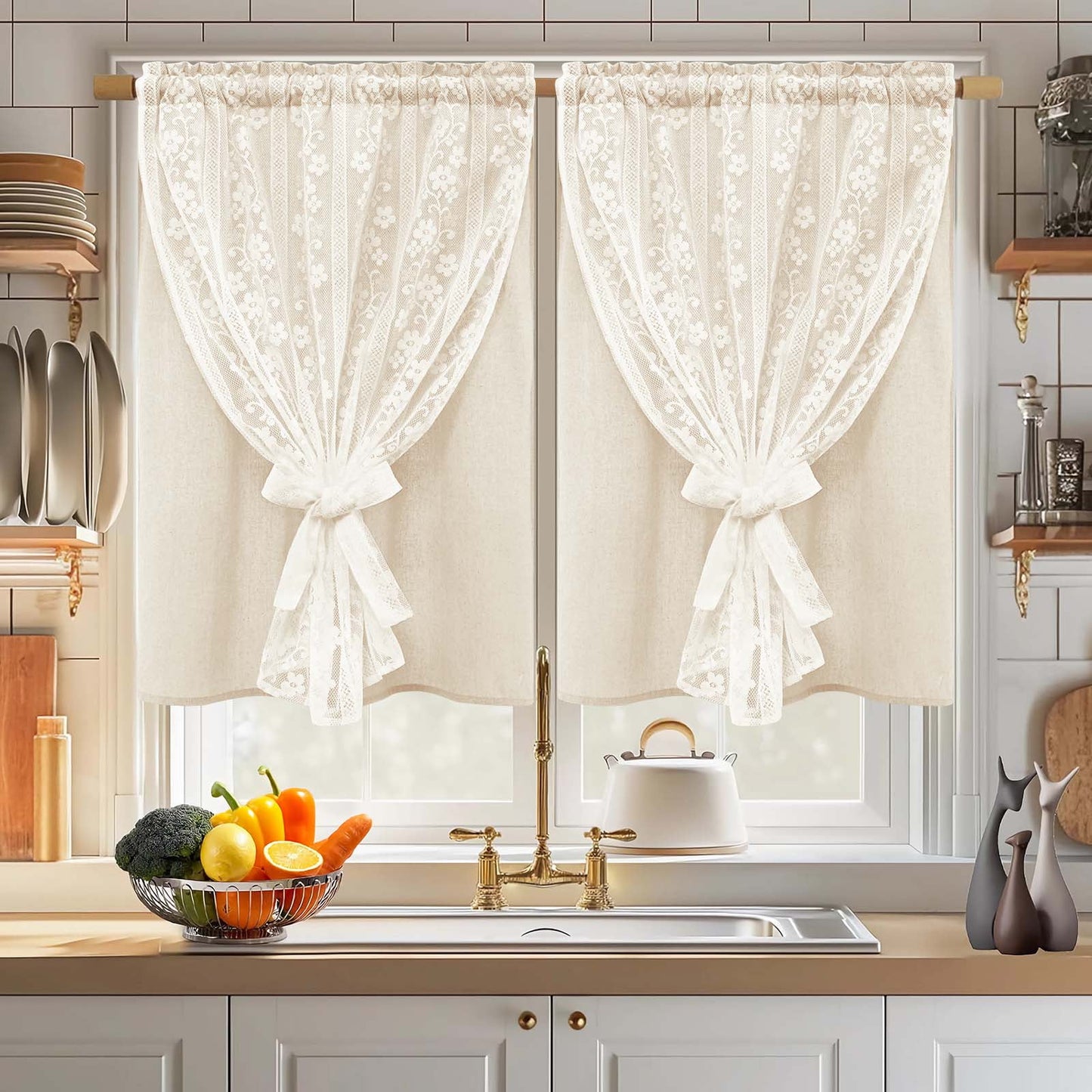Alishomtll Beige Linen Curtains with Lace Sheer 84 Inches Long, Double Layer Light Filtering Window Drapes for Bedroom Living Room,W52 X L84,2 Panels