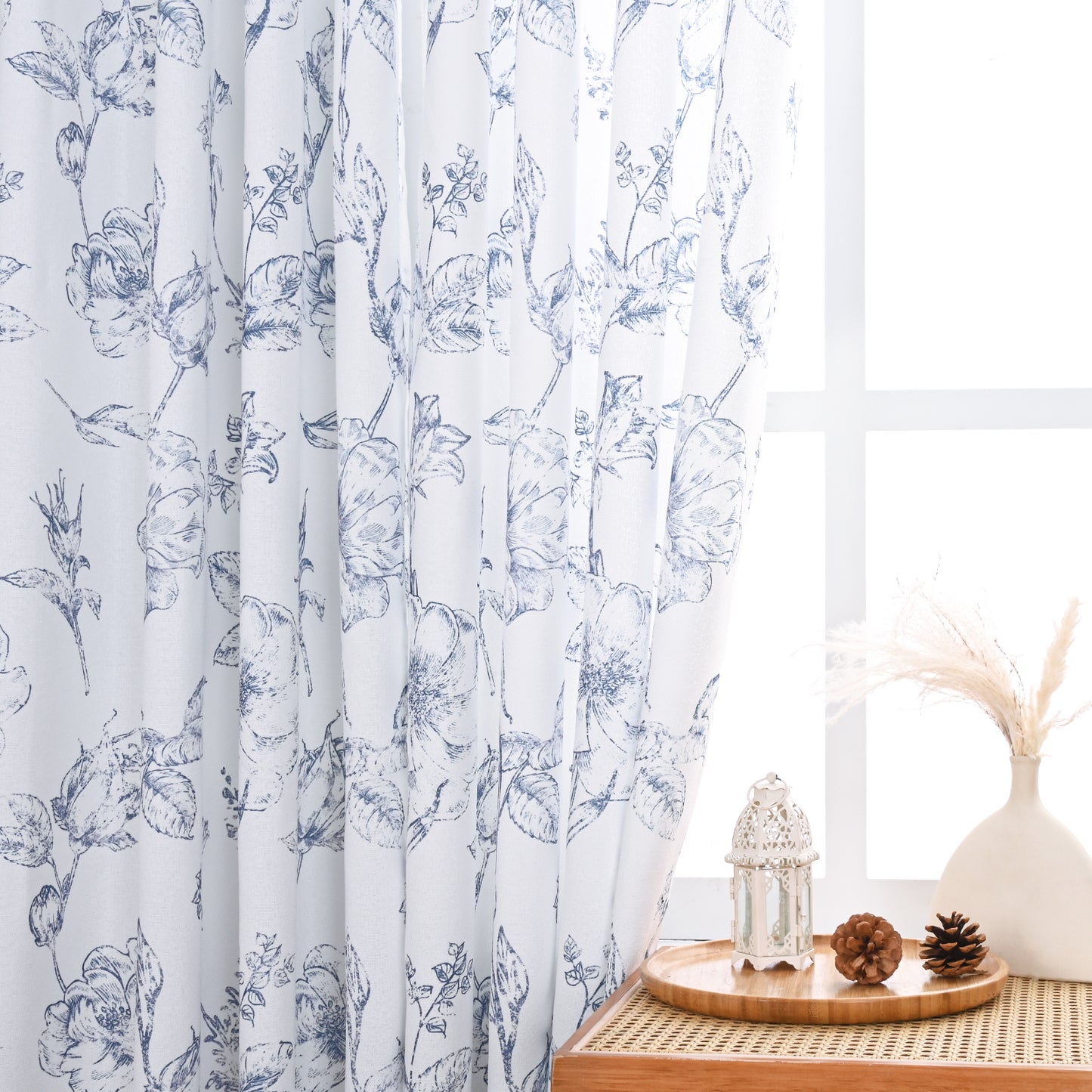Alishomtll Blue Floral Curtains Linen Farmhouse Curtains for Living Room 84 inch Country Curtains Grommet Top Semi Sheer Curtains Light Filtering ,2 Panels