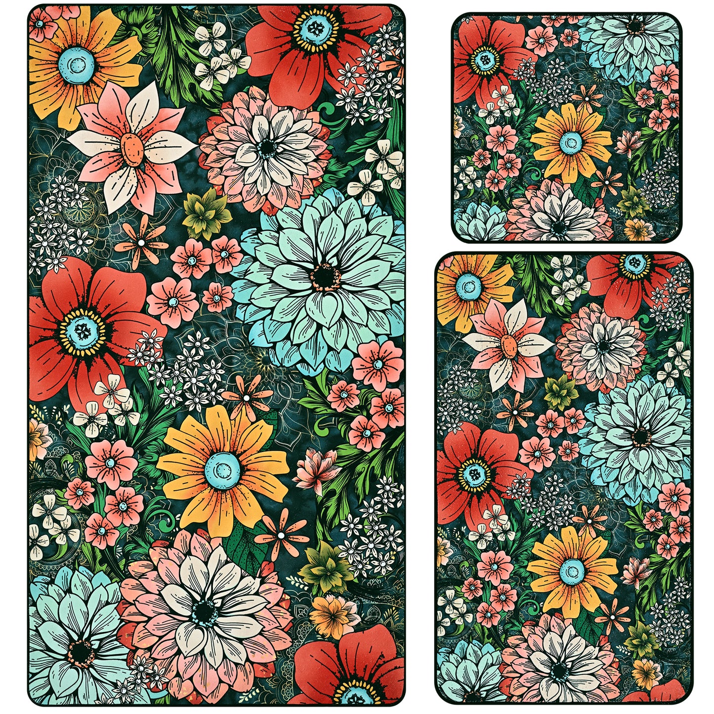Alishomtll Boho Floral Bath Towels 3Pcs Bathroom Towels Sets Include Bath Towel, Hand Towel and Washcloth,Bohemian Watercolor Flower Print