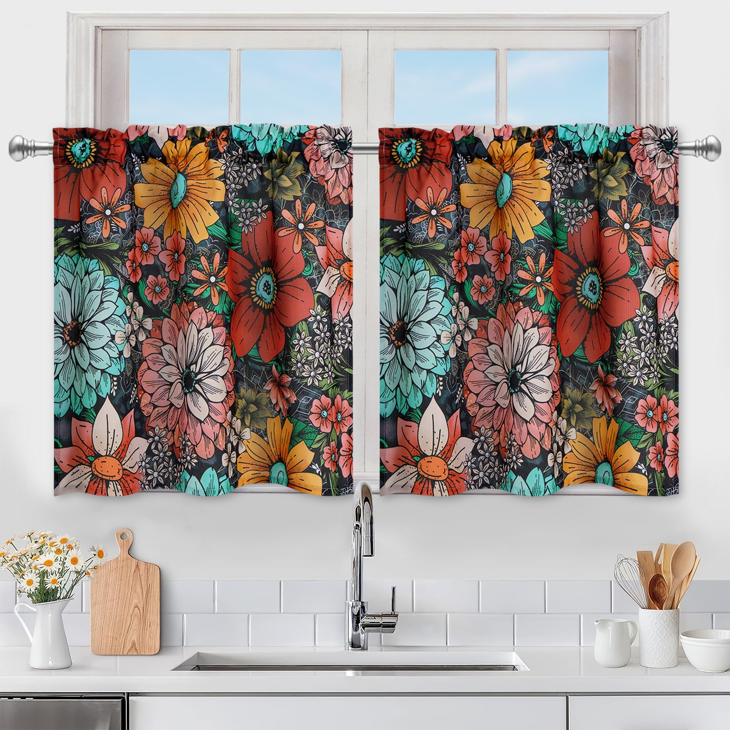 Alishomtll Boho Floral Print Kitchen Curtains Sets for Small Window,2 Panels,Rod Pocket