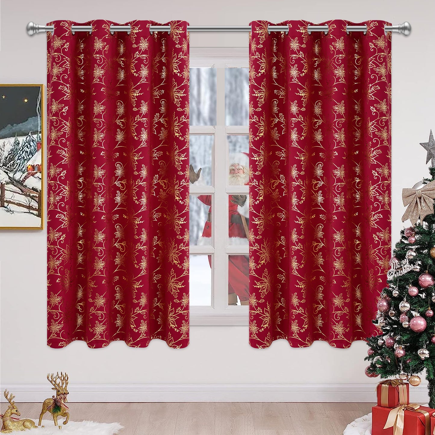Alishomtll Christmas Curtain Golden Poinsettia Foil Print Blackout Window Curtains Drapes, 52" x 63"L, Red, Set of 2 Panels
