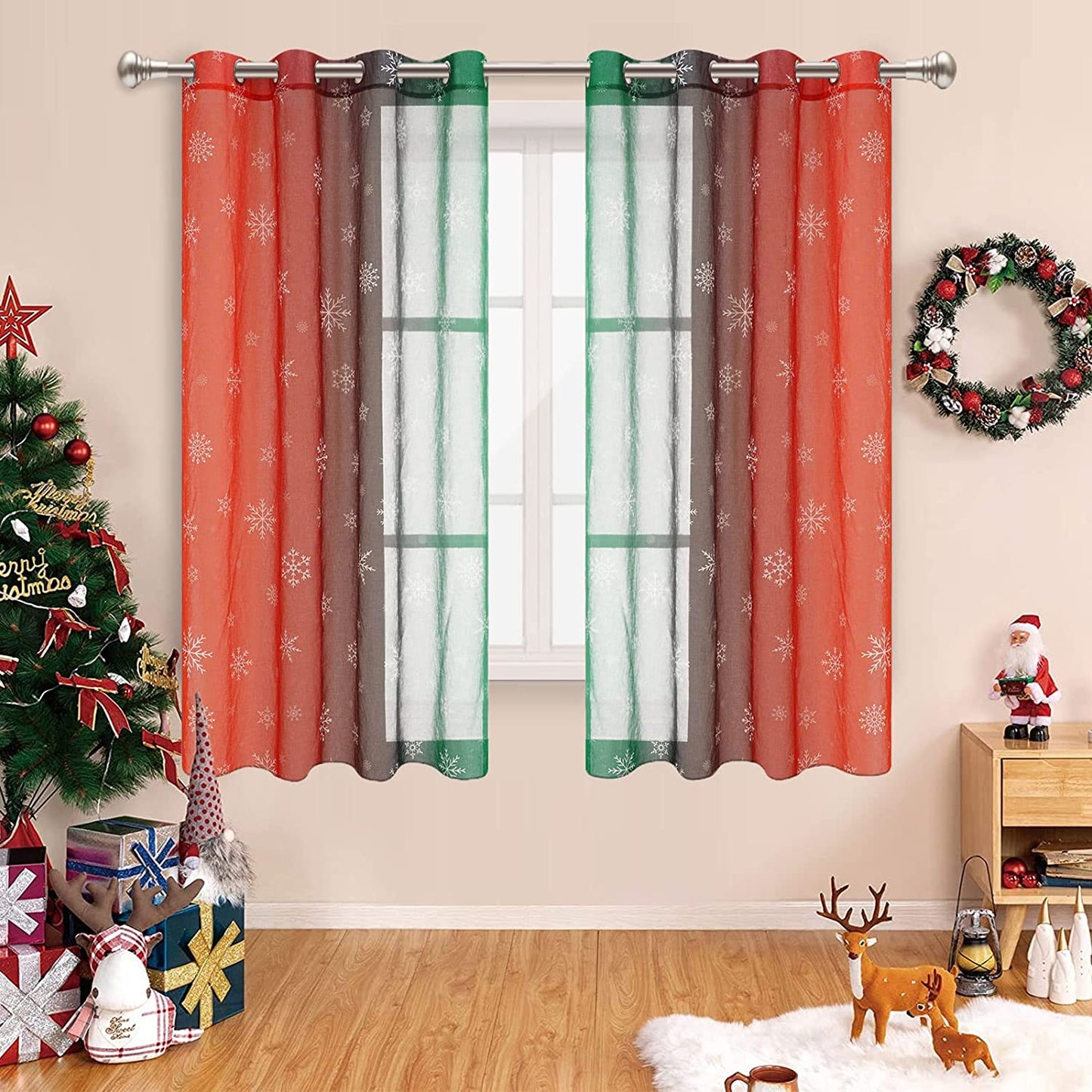 Alishomtll Christmas Ombre Sheer Curtains, Red-Green Gradient Light Filtering Grommet Drapes for Bedroom, 104 x 63 inch