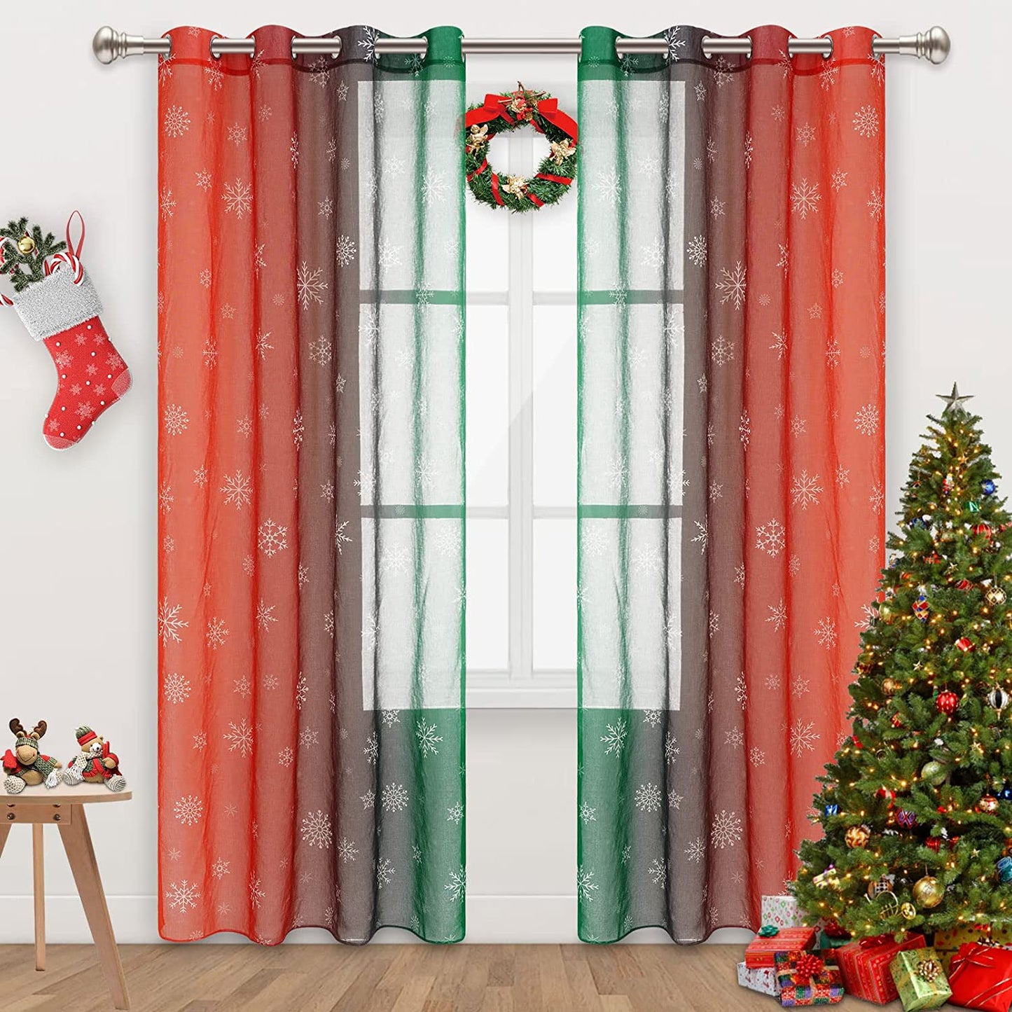 Alishomtll Christmas Sheer Voile Curtain, Light Filtering Grommet Drapes for Bedroom ,2 Panels of 52"w x 84", Red-Green Gradient