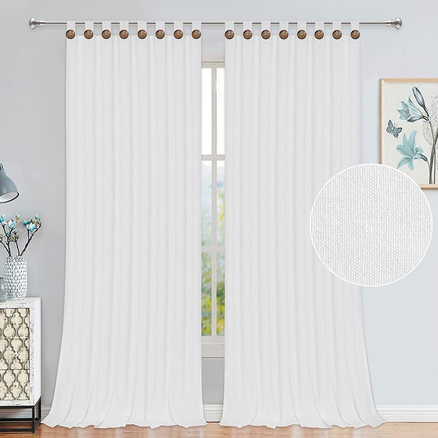 Alishomtll White Curtains for Living Room Tab Top Window Drapes Button Farmhouse Cotton Linen Curtains Bedroom Light Filtering Curtains 2 Panels