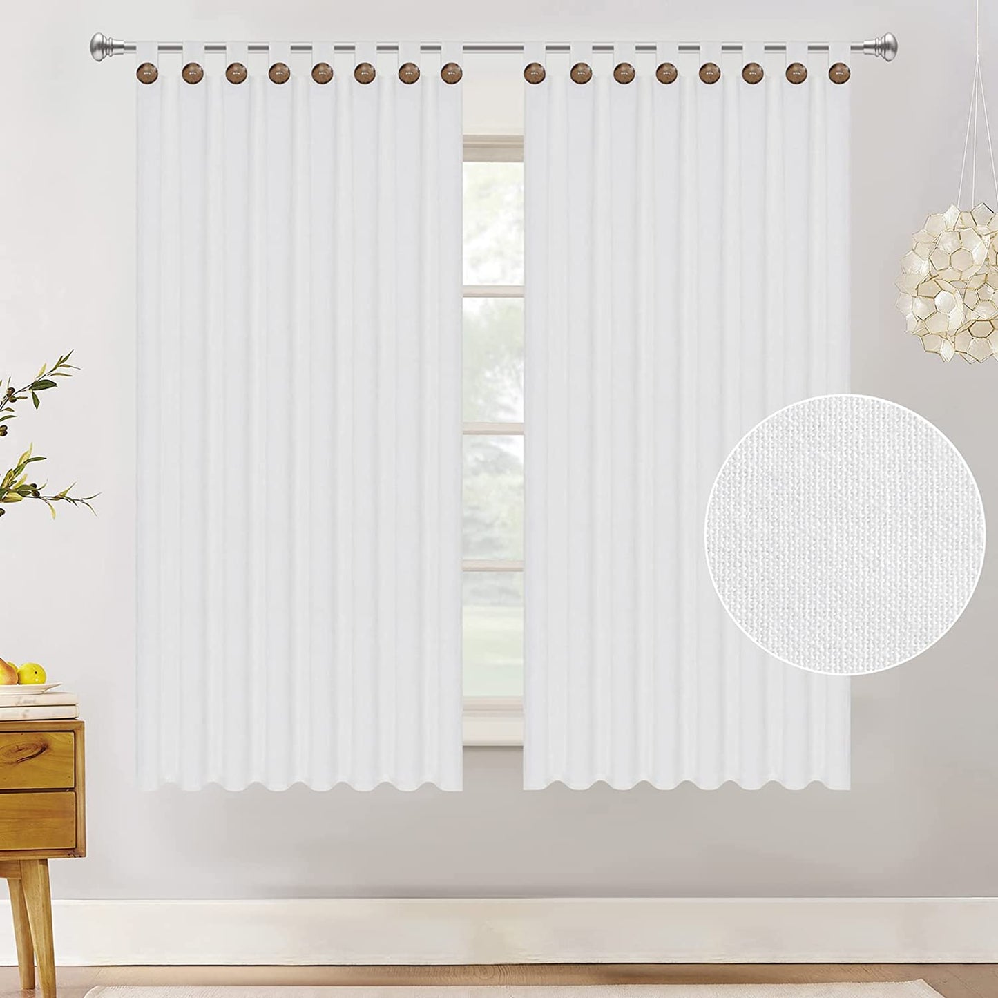 Alishomtll White Curtains for Living Room Tab Top Window Drapes Button Farmhouse Cotton Linen Curtains Bedroom Light Filtering Curtains 2 Panels