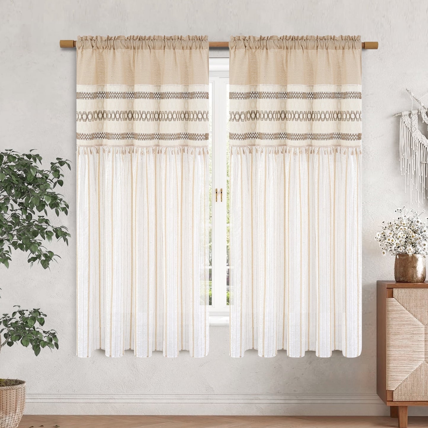 Alishomtll Boho Linen Light Filtering Curtains 84 Inches Long Farmhouse Rustic Striped Drapes Macrame Burlap ,Rod Pocket ,Beige ,with Tassel