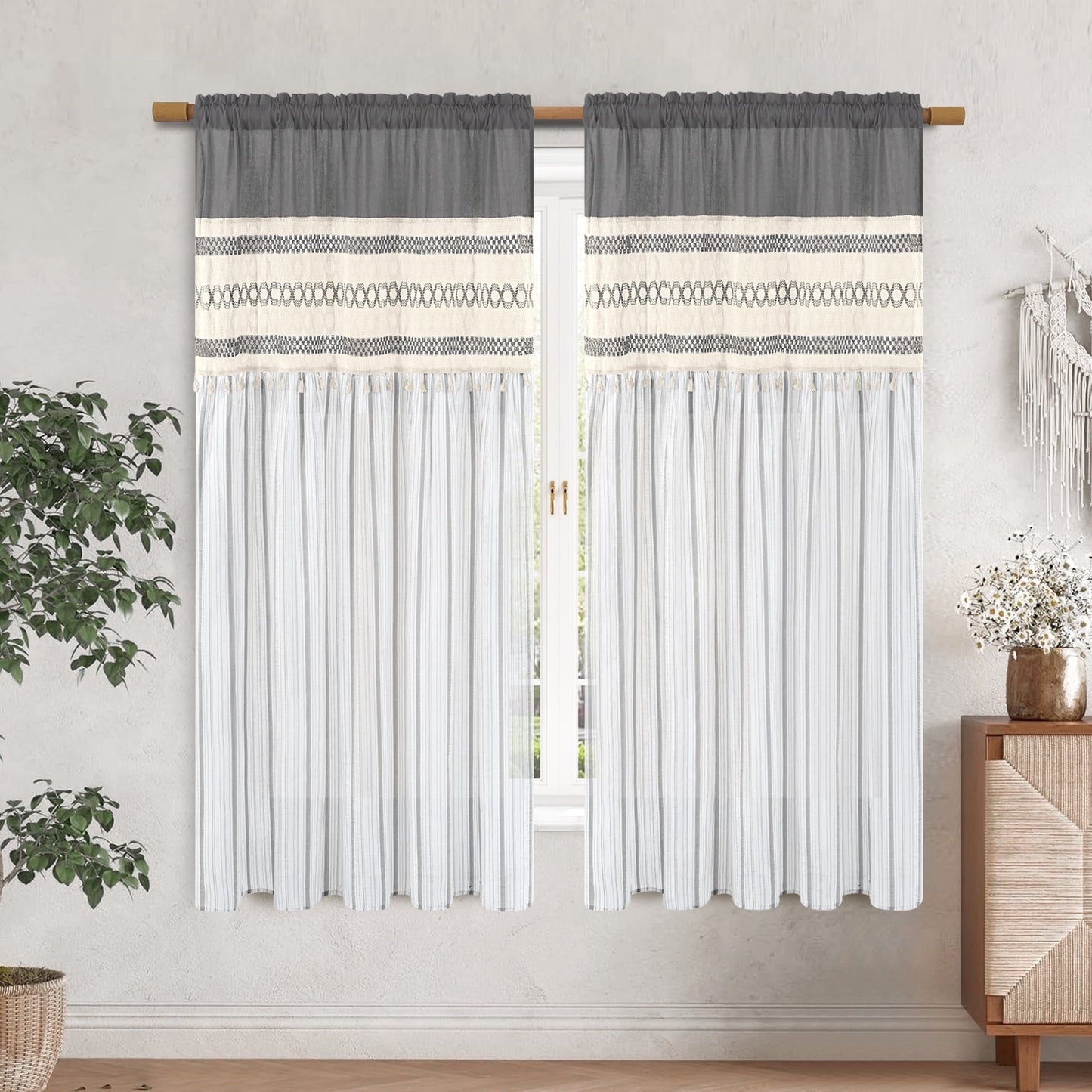 Alishomtll Boho Linen Light Filtering Curtains 84 Inches Long Farmhouse Rustic Striped Drapes Macrame Burlap ,Rod Pocket ,Beige ,with Tassel